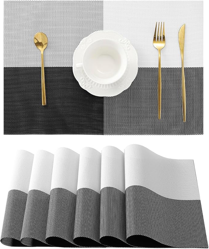 Leetaltree Gray with White Grid Pattern Placemats Set of 6 - Heat Resistant Non-Slip Place mats for Dining Table, Washable Durable PVC Vinyl Woven Table Mats（Grey Grid, 6）