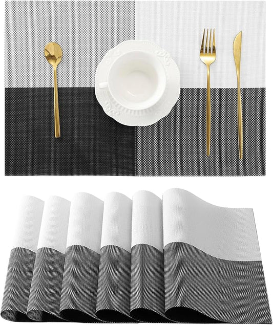 Leetaltree Gray with White Grid Pattern Placemats Set of 6 - Heat Resistant Non-Slip Place mats for Dining Table, Washable Durable PVC Vinyl Woven Table Mats（Grey Grid, 6）