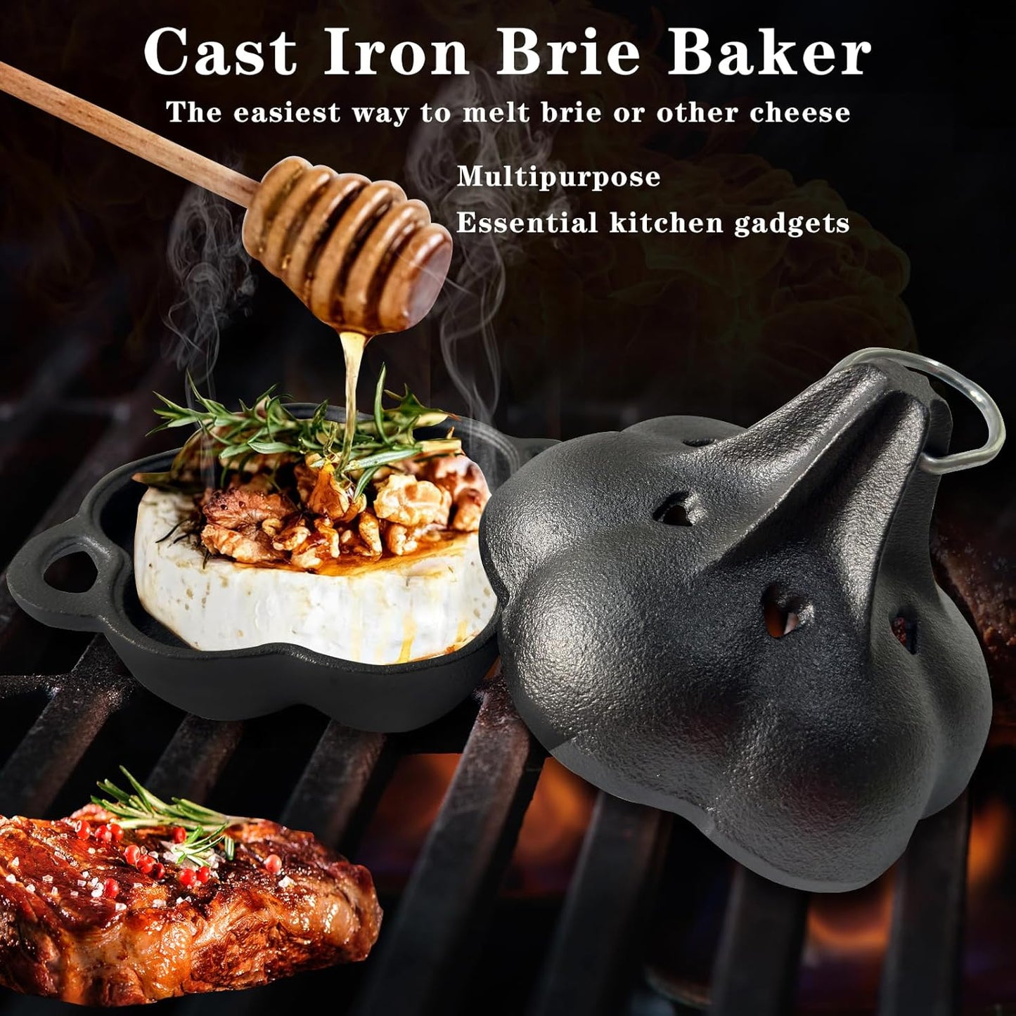 Cast Iron Smoker Roaster & Garlic Roster Baker, Smoker Box, Pre-Seasoned Cast Iron Garlic Roaster for Grill, Perfect for BBQ and Oven, for Smoky, Flavorful Vegetables, Meats or Wood Chips
