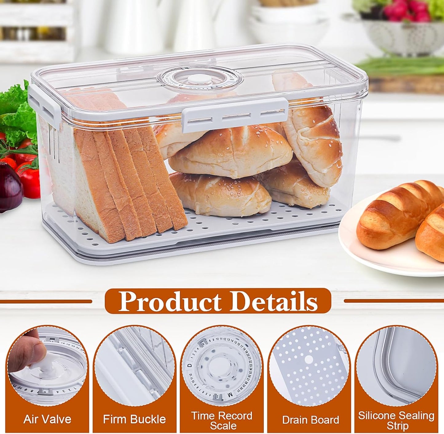 Bread Box for Homemade Bread Boxes for Kitchen Counter Airtight, Time Recording Bread Storage Container with Lid, Bread Containers Storage Airtight Loaf Bread Keeper, White