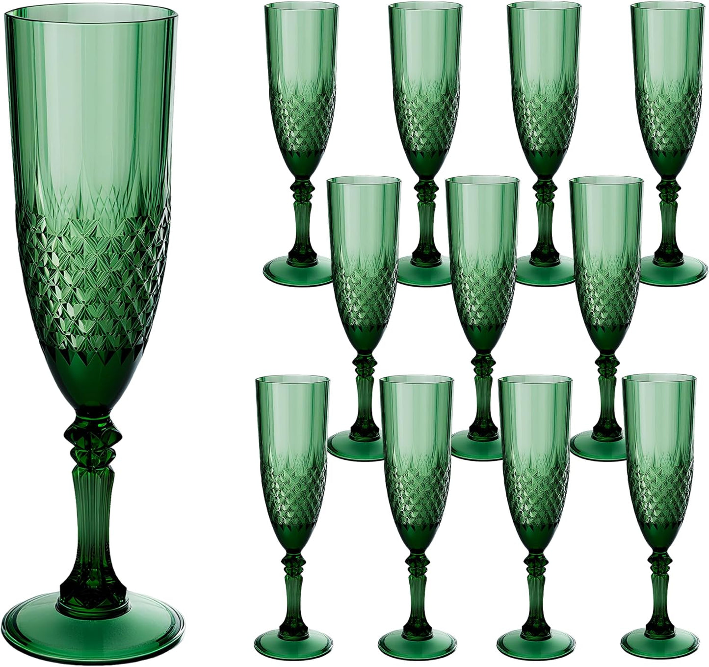 Plastic Champagne Flutes, 12PCS Dark Green Plastic Wine Glasses Goblets Reusable Champagne Flute for Weddings, Bachelor Parties, Toasting, and Events(12, Dark Green)