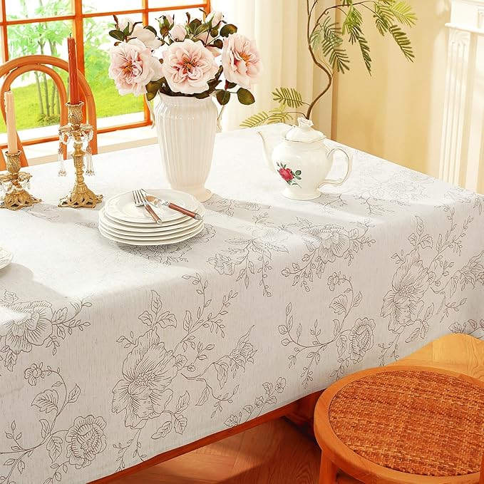 Chassic Premium Vintage Farmhouse Damask Floral 60 x 60 inch Square Table Cloth – Water Resistant Linen Textured Jacquard Tablecloth for Kitchen Dining & Picnic Decor - Beige