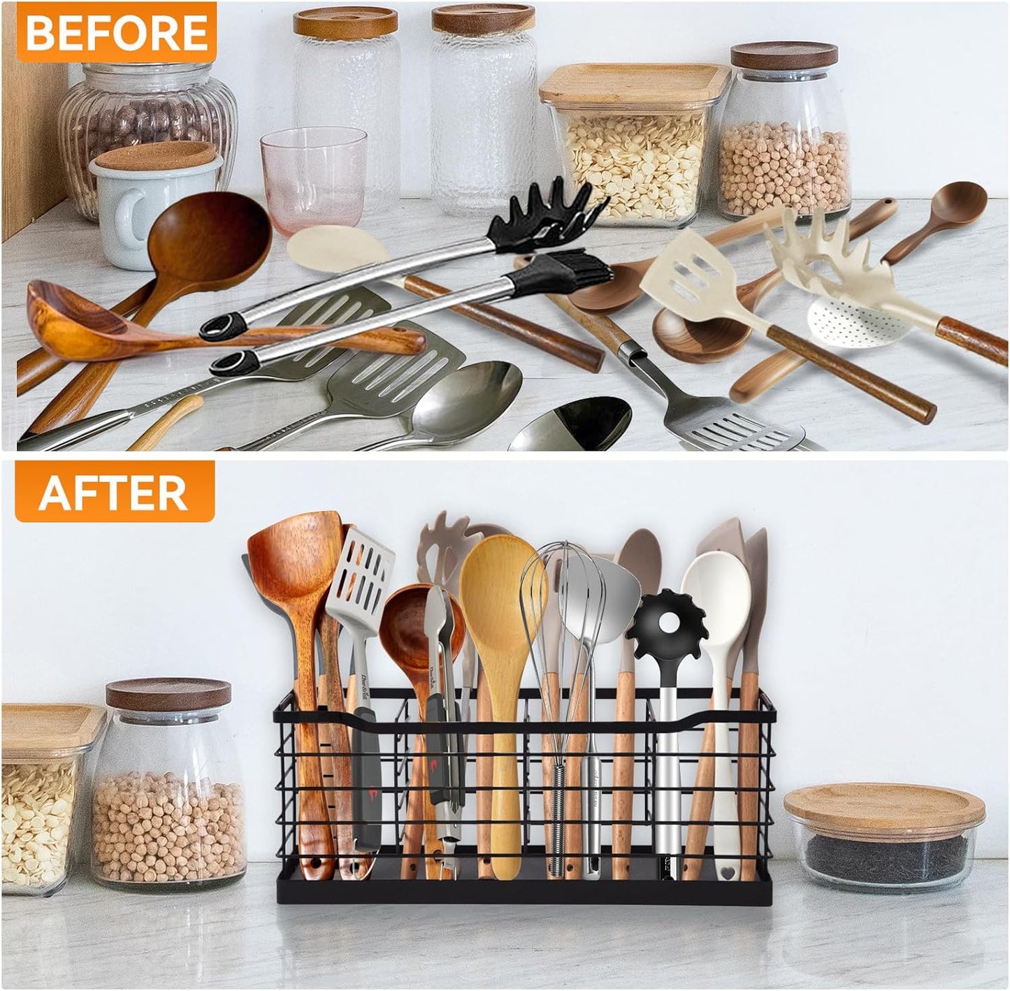 Large Utensil Holder for Kitchen Countertop,Cookware Organizer Dryer with Diatomaceous Earth Base,Cooking Tools Storage for Kitchen Counter,Metal Matte Black(4 Compartments)