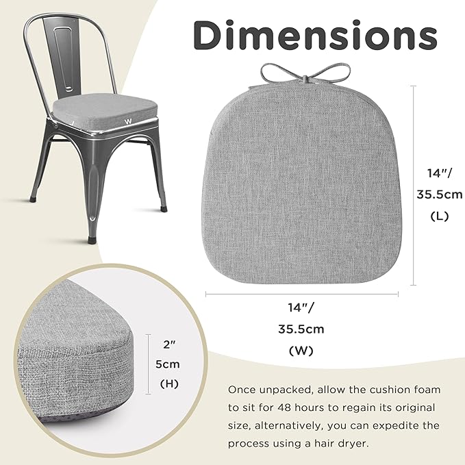 AddGrace Set of 4 Chair Cushions for Metal Dining Chairs 14x14 Chair Pads with Ties Non Slip Thick Seat Cushions with Textured and Removable Cover Light Grey