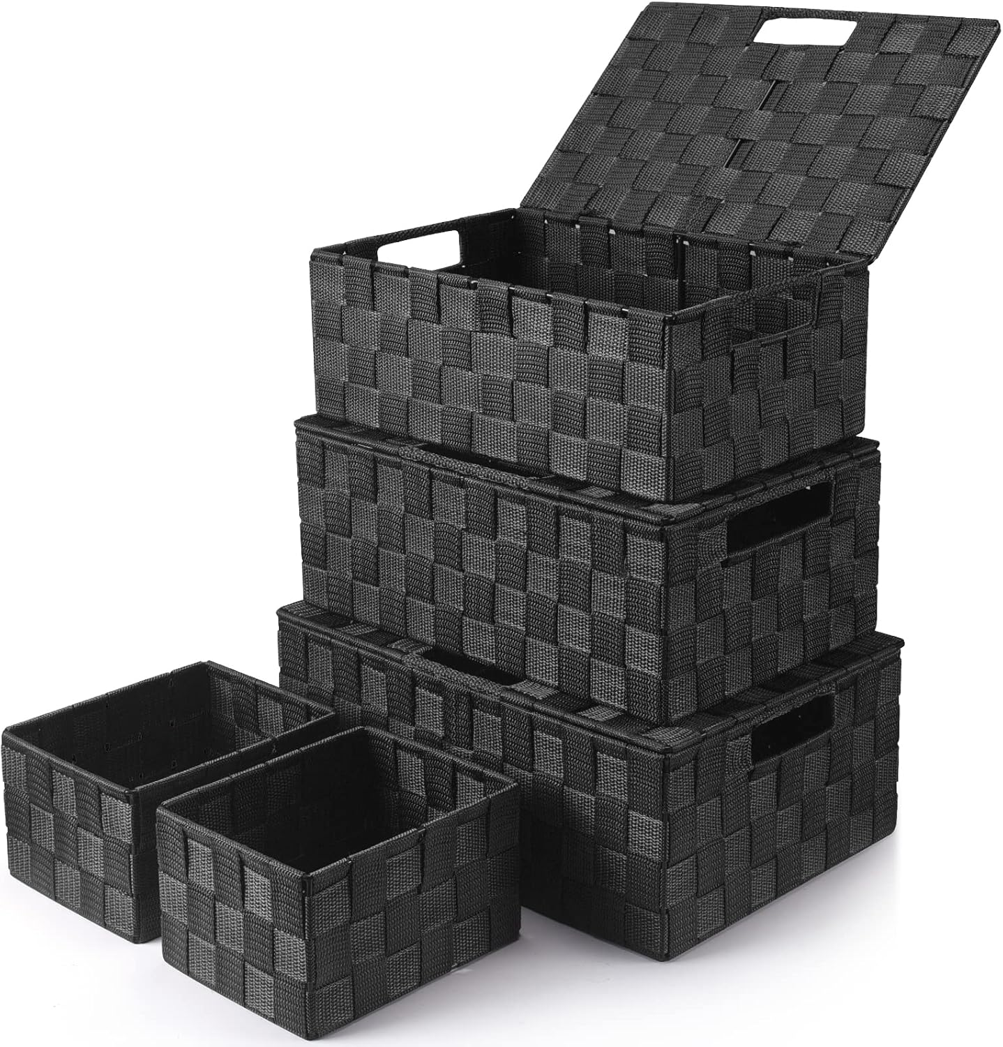 Storage Bins Baskets for Organizing with Lids, Storage Baskets for Shelves Stackable Woven Basket, Gift Small Basket Storage Cubes, Decorative Wicker Basket with Built-in Handles (5 Pack, Black)