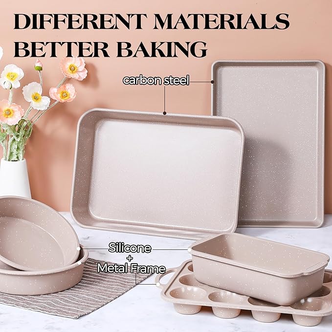6 Pcs Baking Pans Set, Silicone Bakeware Sets with Metal Reinforced Frame, Nonstick Stackable Carbon Steel Non Toxic Baking Sets for Cooking (Brown)