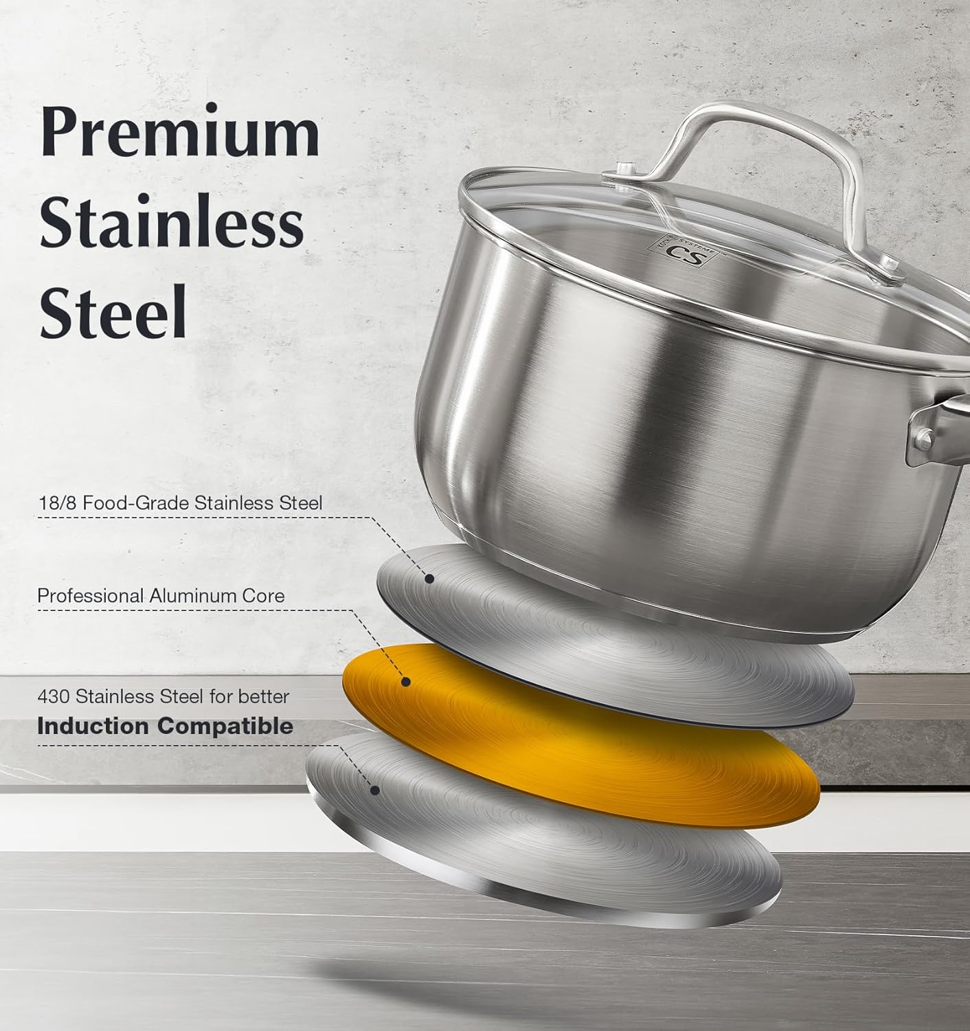 KOCH SYSTEME CS Stainless Steel Saucepan, 3 Quart Saucepan with Lid, Premium Stainless Sauce Pan, Indutcion Sauce Pan with Lid, Stainless Steel Pot 3 QT, Easy to Clean, Oven Safe