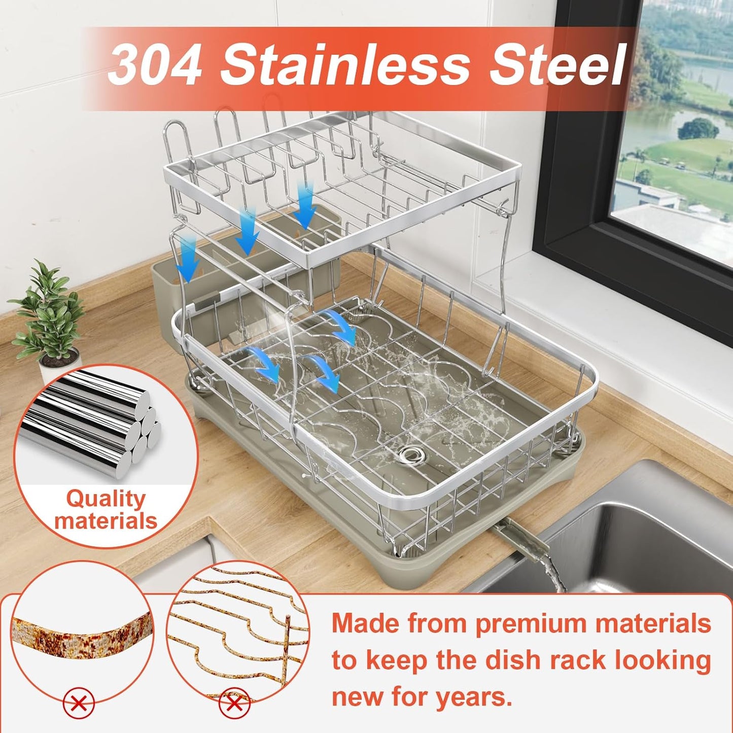 2-Tier Dish Drying Rack for Kitchen Counter, 304 Stainless Steel Dish Rack with Adjustable Drainboard, Removable Utensil Holder & Water Tray, Grey