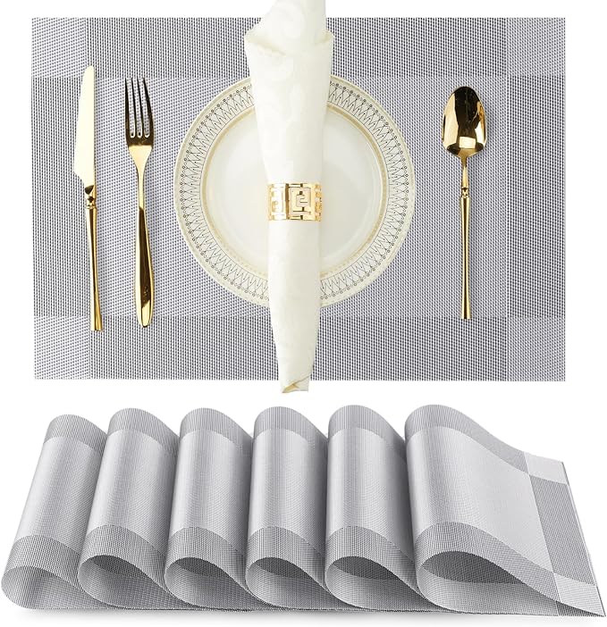 Silver Placemats Set of 6-Durable PVC Vinyl Woven Place Mats for Dining Table Heat Resistant Non-Slip Washable Indoor/Outdoor Table Mats 12 x 17 inch