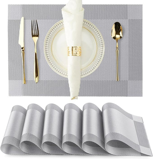 Silver Placemats Set of 6-Durable PVC Vinyl Woven Place Mats for Dining Table Heat Resistant Non-Slip Washable Indoor/Outdoor Table Mats 12 x 17 inch