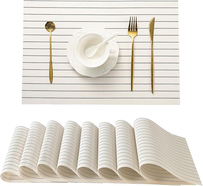 Leetaltree White with Black Stripes Placemats Set of 8 - Heat Resistant Non-Slip Place mats for Dining Table, Washable Durable PVC Vinyl Woven Table Mats（White Stripes, 8）