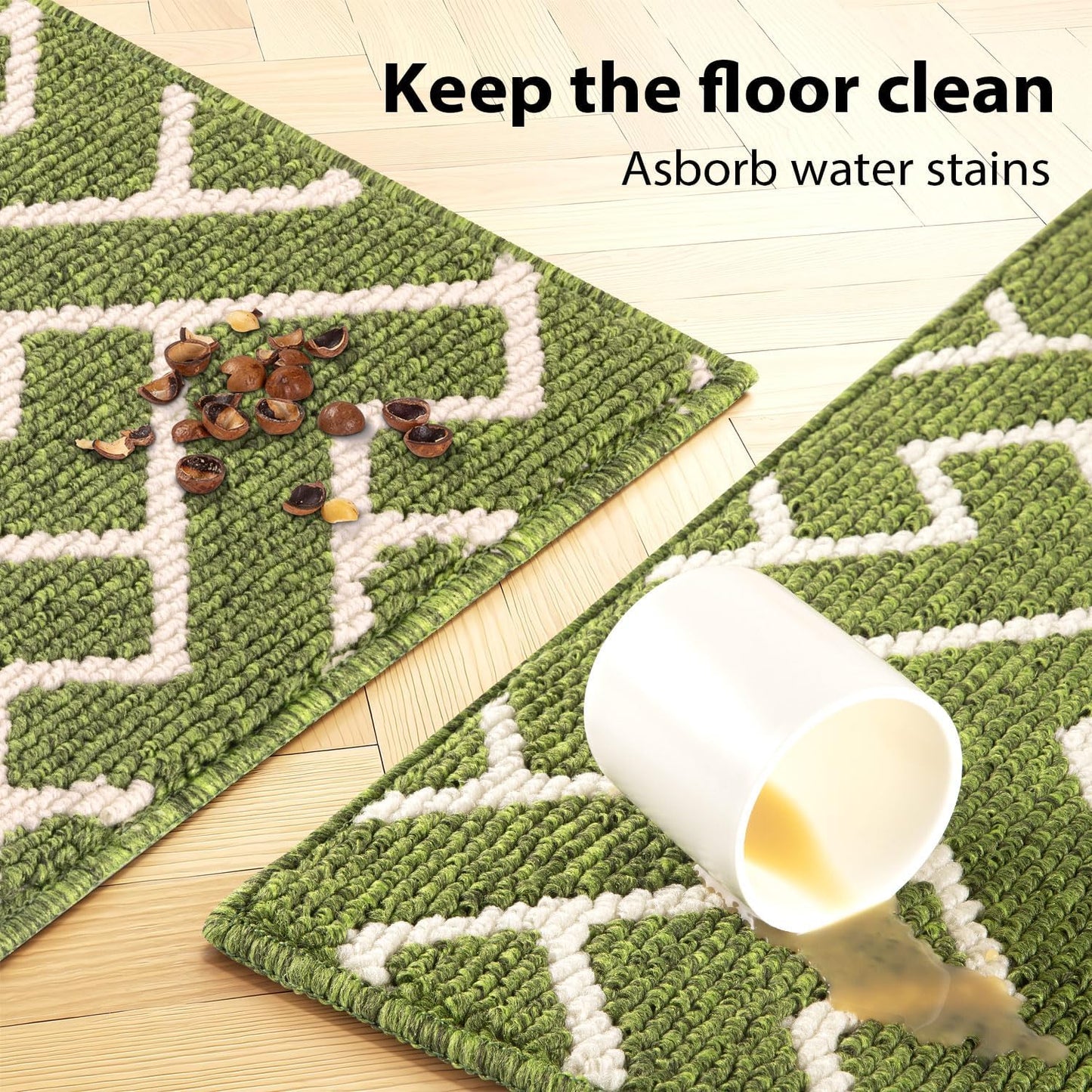 hicorfe Kitchen Rugs and Mats Sets,Non-Slip Absorbent 100% Polypropylene Kitchen Mats for Floor,Comfort Kitchen Runner Mat,Washable for Kitchen,Sink,Laundry(20" x 31.5" Plus 20" x 48",Sage Green)