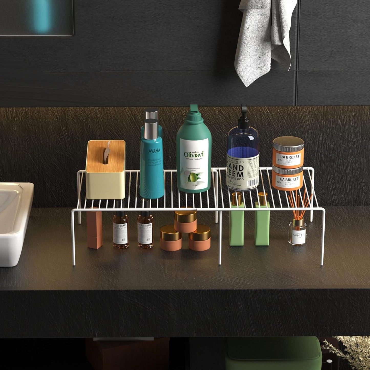 Redrubbit 4-Piece Expandable Metal Rustproof Storage Shelf Rack, Kitchen Counter and Cabinet Organizer, Space Saver for Fridge, Bathroom, White, Set of 2