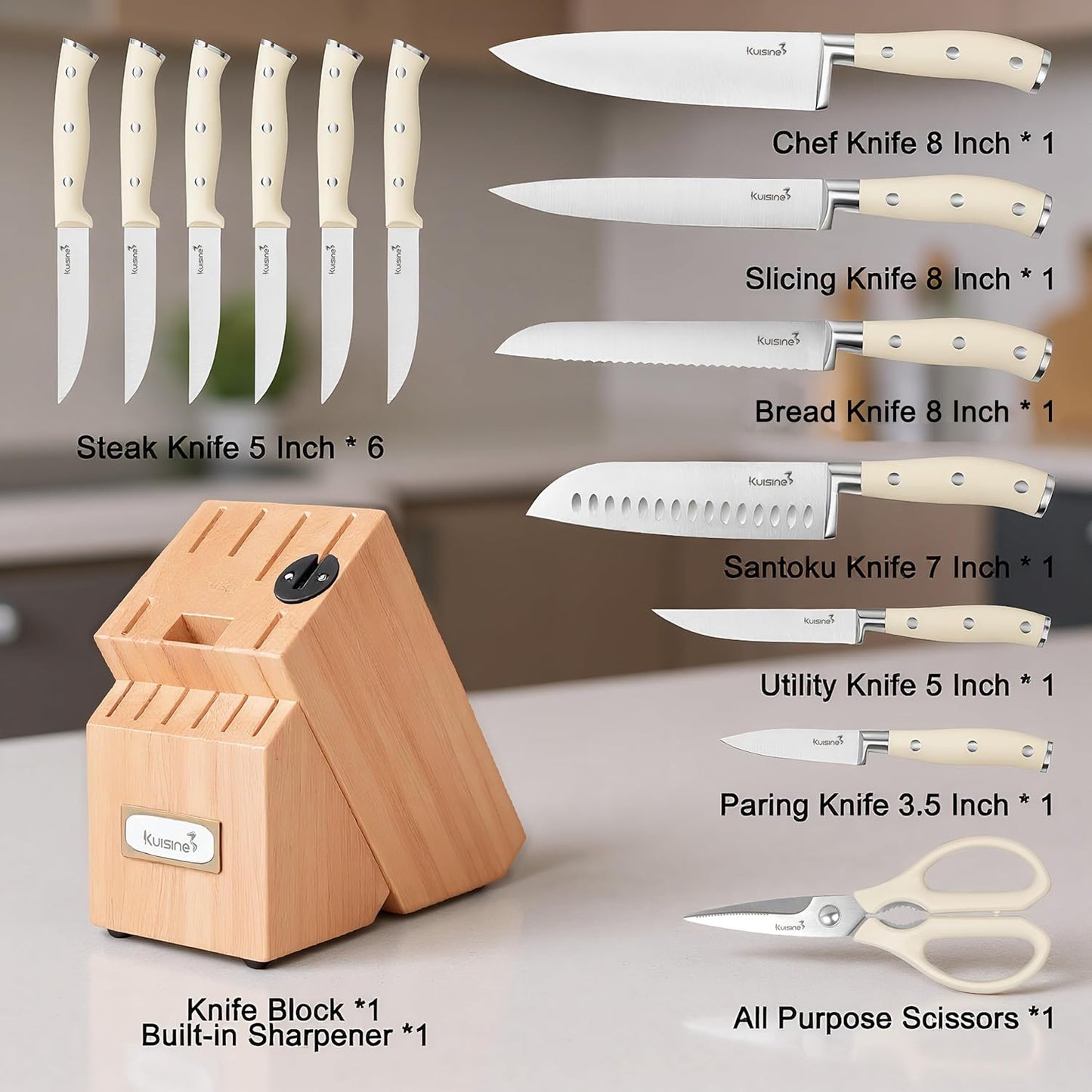 KUISINE Knife Set High Carbon Stainless Steel Sharper Blade Ergonomic Handle,Knife Block Set with Built-in Sharpener 2025 Upgraded (Ivory Pro Acacia,15PCS)