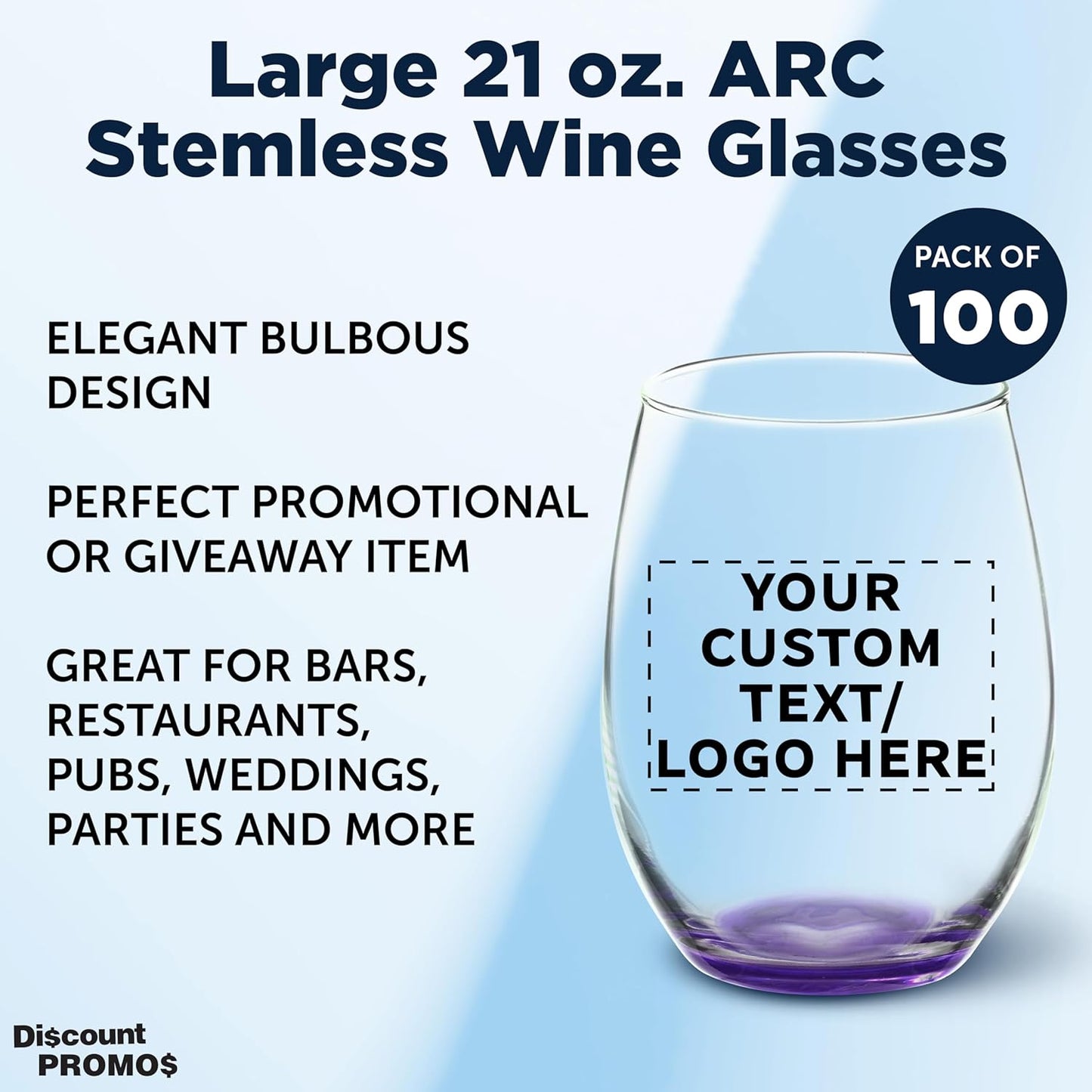 DISCOUNT PROMOS 100 ARC Stemless Wine Glasses Set, 21 oz. - Customizable Text, Logo - Chardonnay, Cabernet, Merlot, Sauvignon - Purple