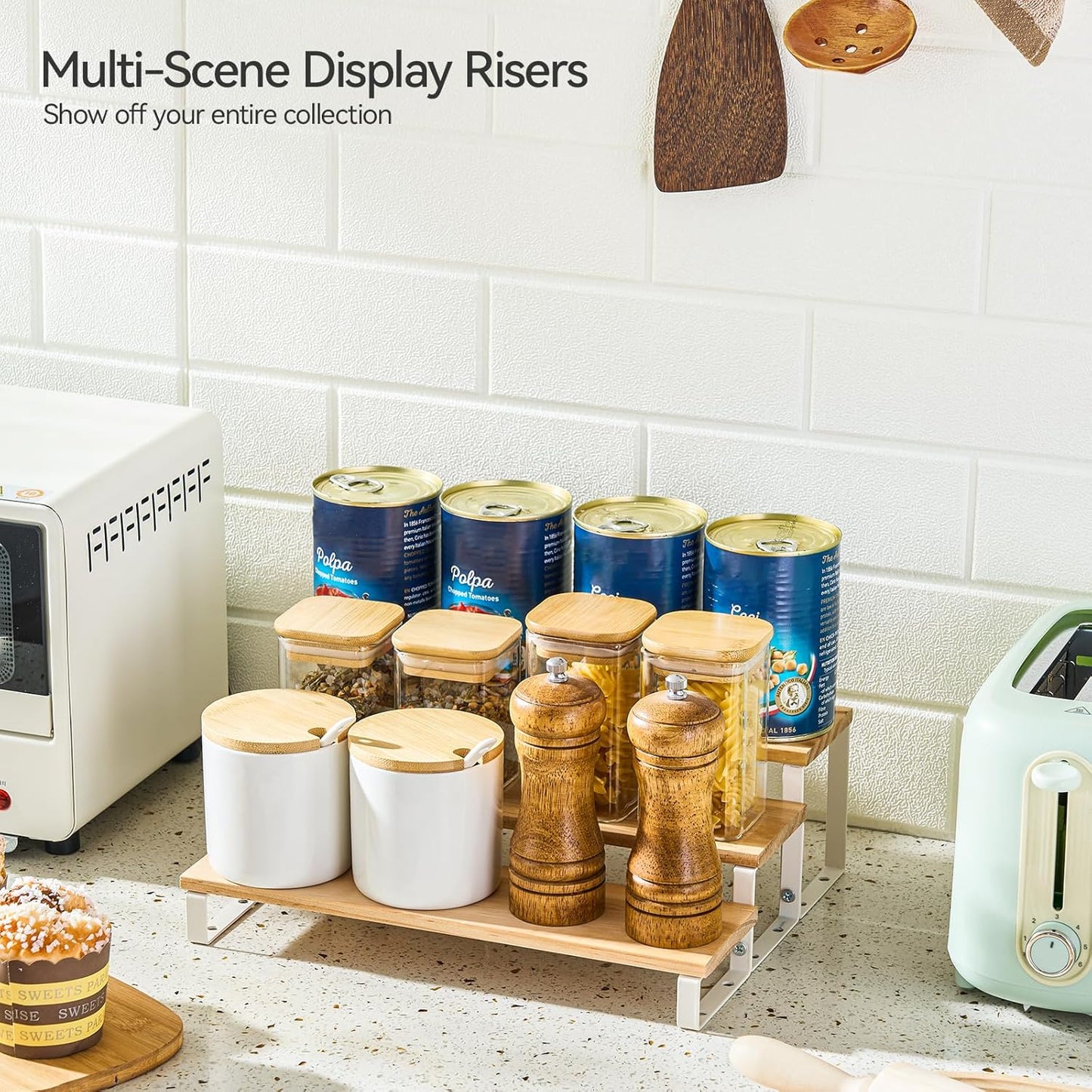 Spice Rack,Wooden Display Riser Stand, 3-Tier Perfume Stand and Cologne Organizer Stand, DIY Spice Rack Organizer, Display Shelf Metal Frame