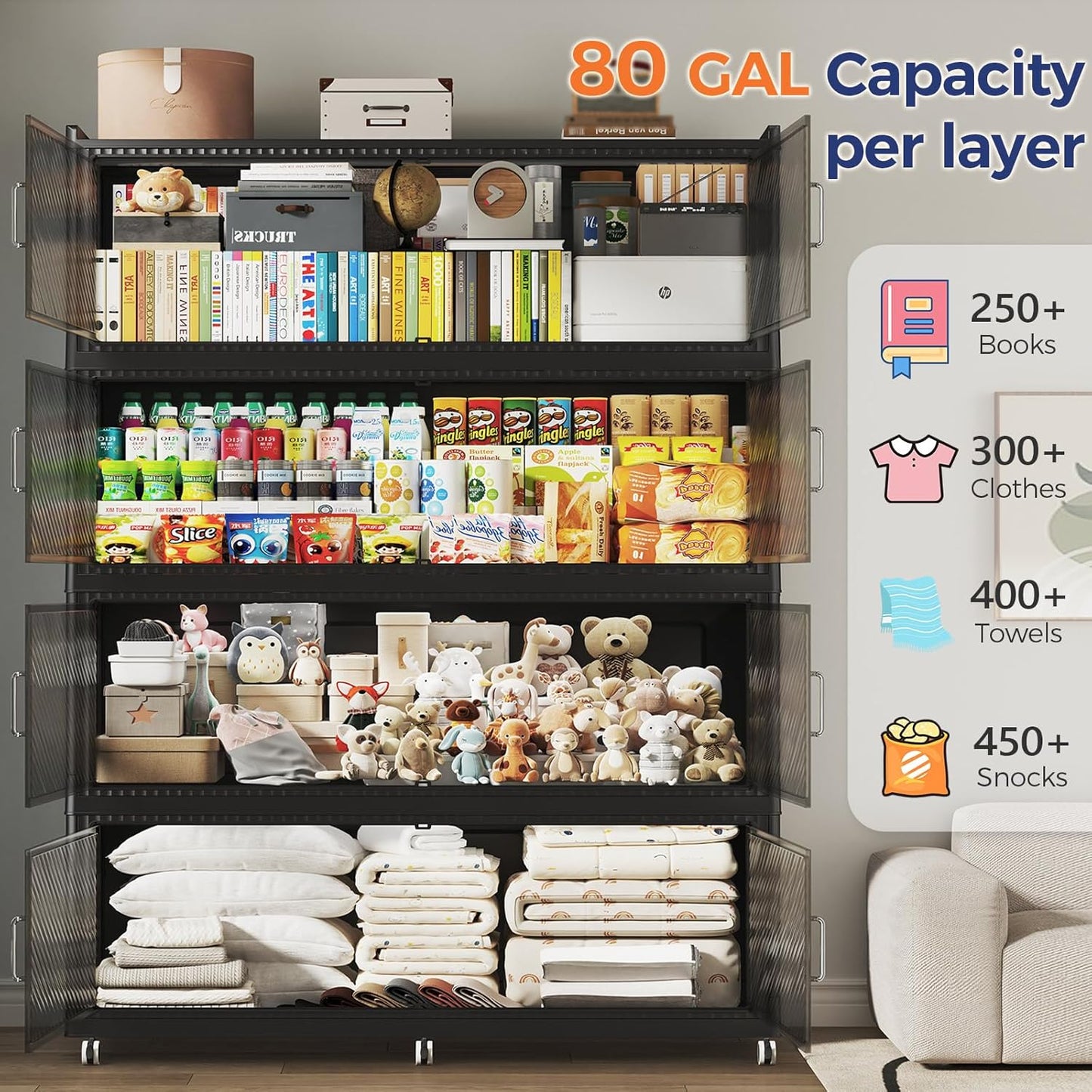 240GAL Extra Large Stackable Storage Bins with Lid, 960QT Plastic Storage Bins with 6x Wheels, Collapsible Closet Organizer and Storage Drawer Cabinet for Living Room Office Dorm, 3Pack Black