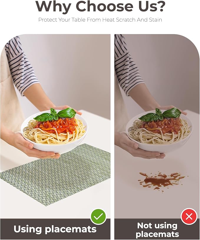 Leetaltree Green Placemats Set of 12 - Heat Resistant Non-Slip Place mats for Dining Table, Washable Durable PVC Vinyl Woven Table Mats（Green Zigzag, 12）