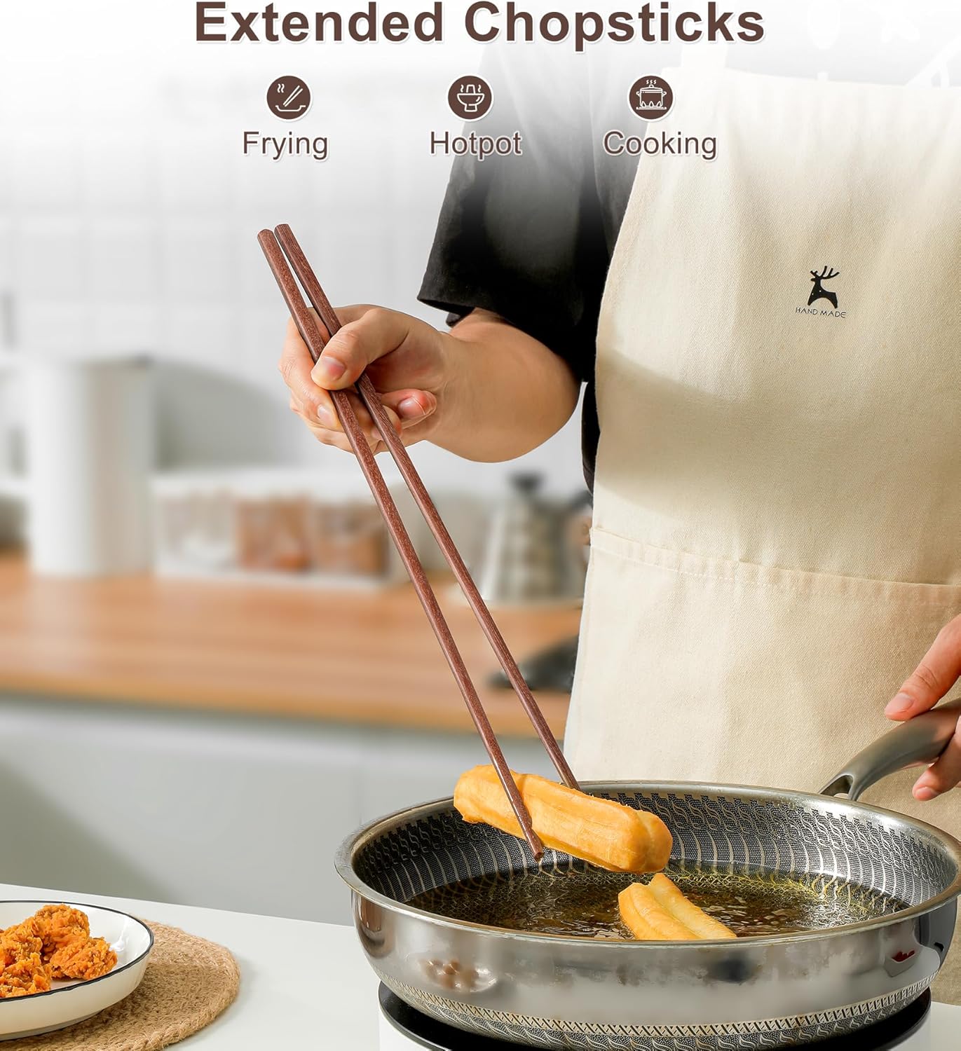 3Pairs Cooking Chopstick 14Inches Long Wooden Chop Sticks Reusable for Noodles Frying Hotpot