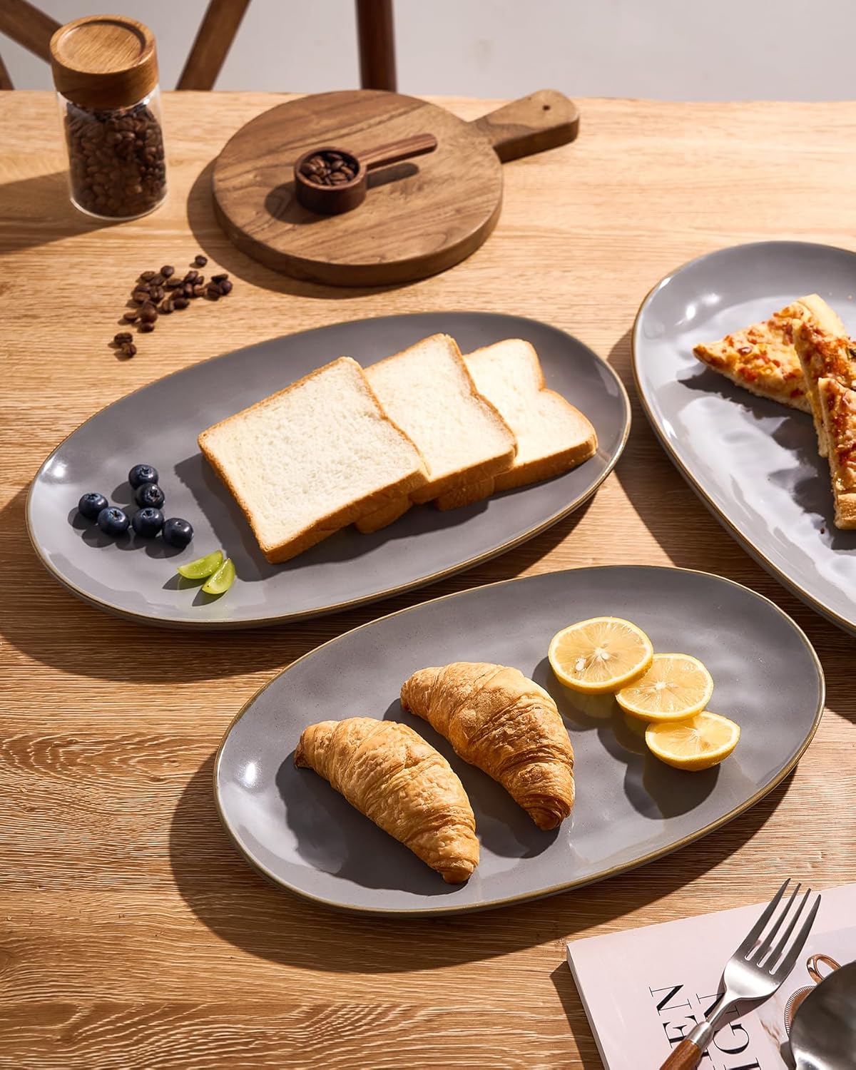 famiware Serving Platter, Oval 15.59/14.3/12.9 inch Serving Dishes for Entertaining, Serving Bowls, Microwave Safe, Fine Stonware Serving Trays for Party, Turkey, Cheese, Ocean Series, Dark Grey