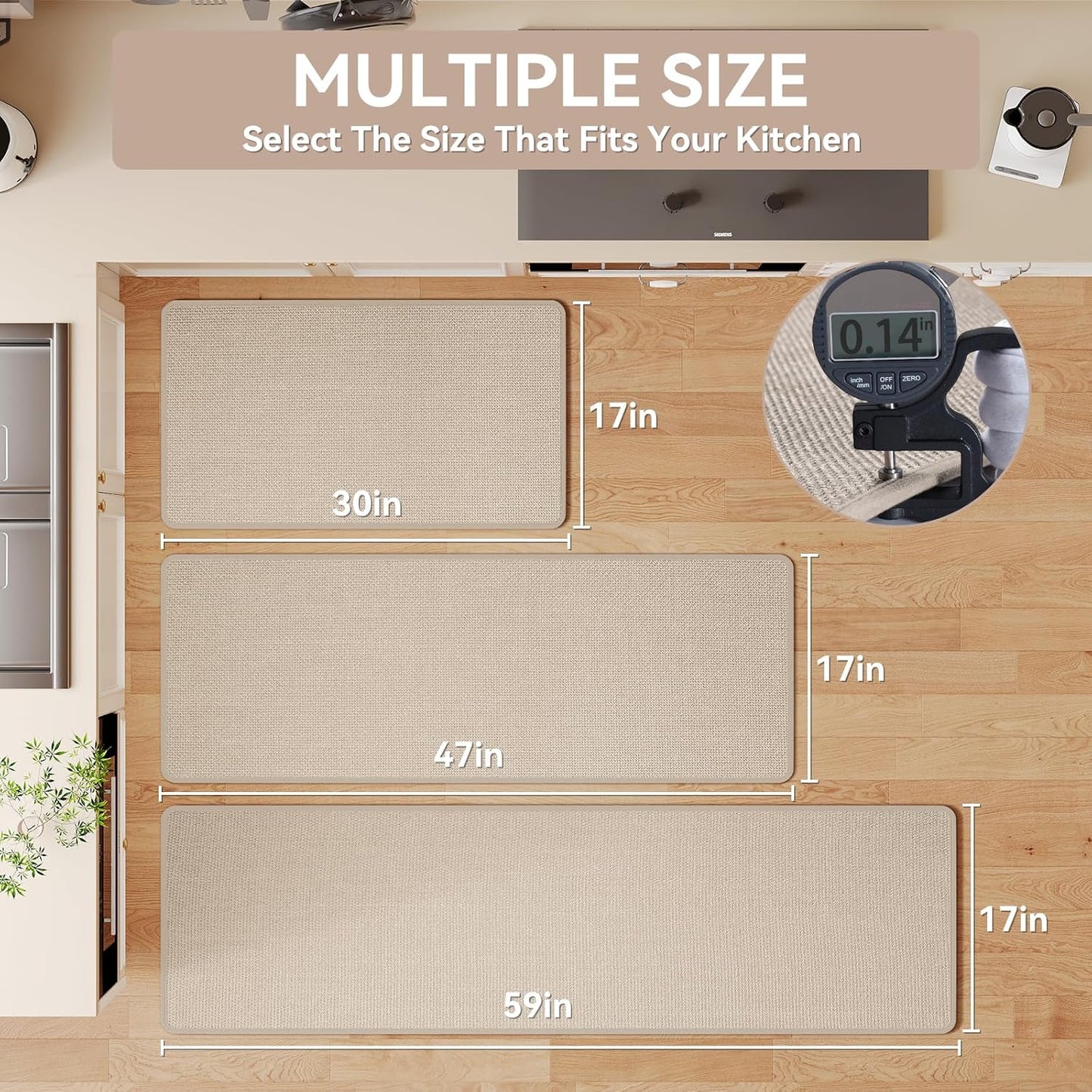 Kitchen Mats for Floor, Super Absorbent Kitchen Rugs Non Slip Washable, Soft Imitation Linen Braided Kitchen Runner Rug, Standing Mat Kitchens Sink Mat, Easy to Clean, Beige 17x95