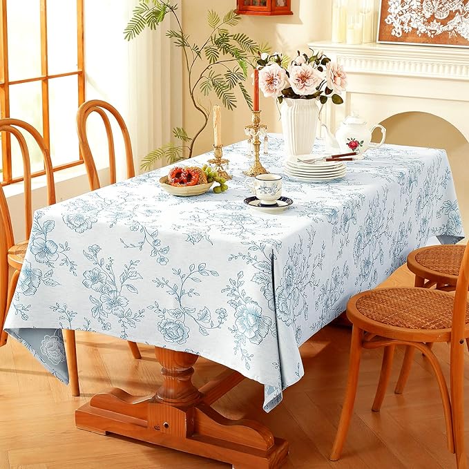 Chassic Premium Vintage Farmhouse Damask Floral 60 x 84 inch Rectangle Table Cloth – Water Resistant Linen Textured Jacquard Tablecloth for Kitchen Dining & Picnic Decor - Blue