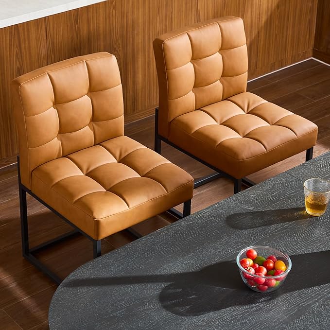 Brown Faux Leather Dining Chairs Set of 2, Mid-Century Modern Dining Room Chairs with Armless, Checkered Kitchen Chair with Metal Legs