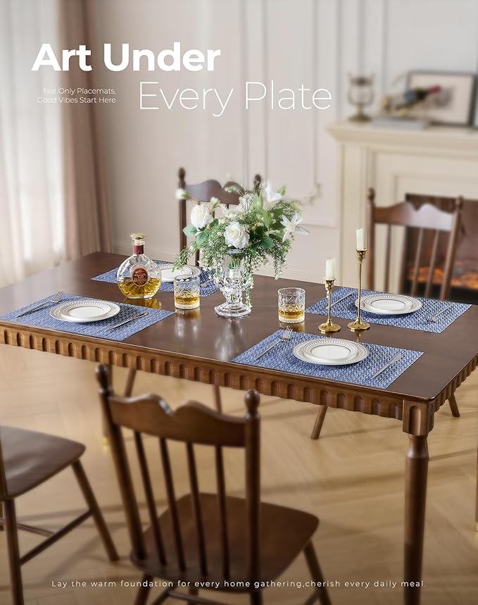 Leetaltree Blue Placemats Set of 4 - Heat Resistant Non-Slip Place mats for Dining Table, Washable Durable PVC Vinyl Woven Table Mats（Blue Zigzag, 4）