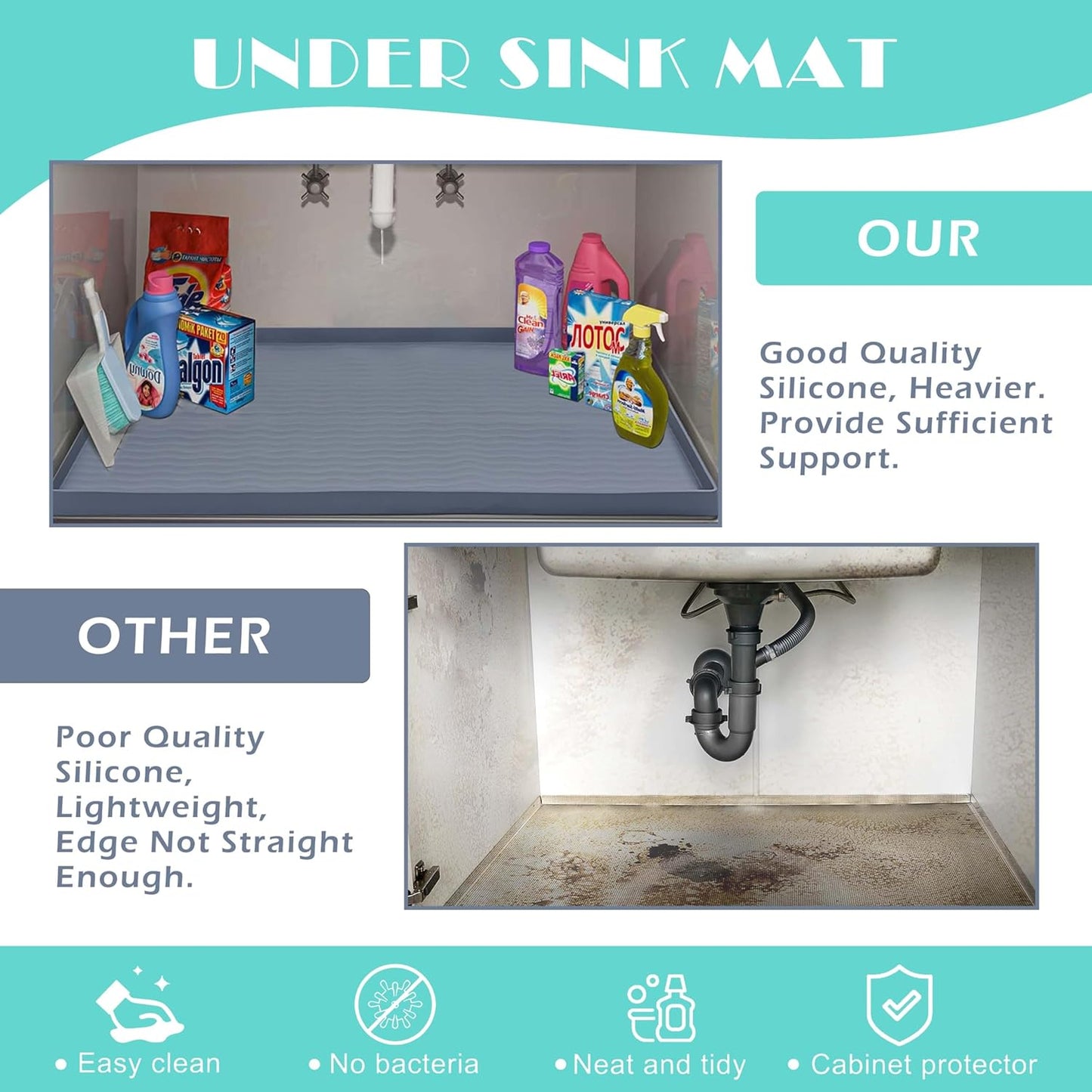 URMONA Waterproof Silicone Under Sink Mat 28'' x 19'' Shelf Liner for Kitchen and Bathroom, Cabinet and Counter Protector, Storage and Organizers, Litter Mat, Pet Cat Puppy Essentials(Beige)