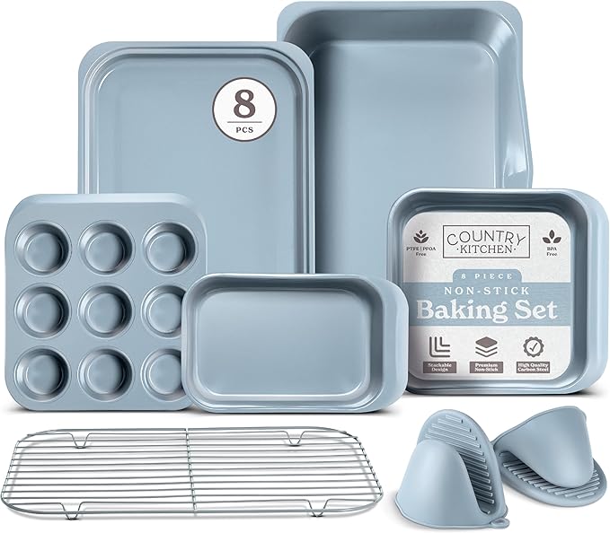 Country Kitchen Nonstick Stackable Bakeware Set - Deluxe Heavy Duty, Durable, Easy Release Baking Set, 8 Pcs, Light Blue