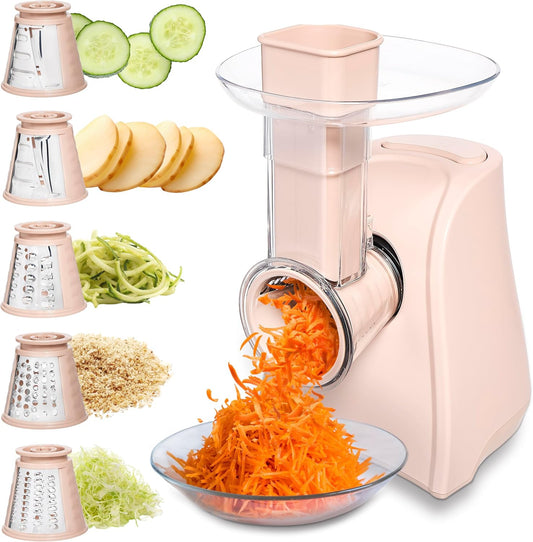 COOK WITH COLOR 5-in-1 Electric Slicer, 150W Food Prep Machine – Cheese Shredder, Fine & Coarse Graters, Potato Grater, Vegetable Slicer, Fruit, Salad Shooter, Compact Design For Bowl Prep, Blush