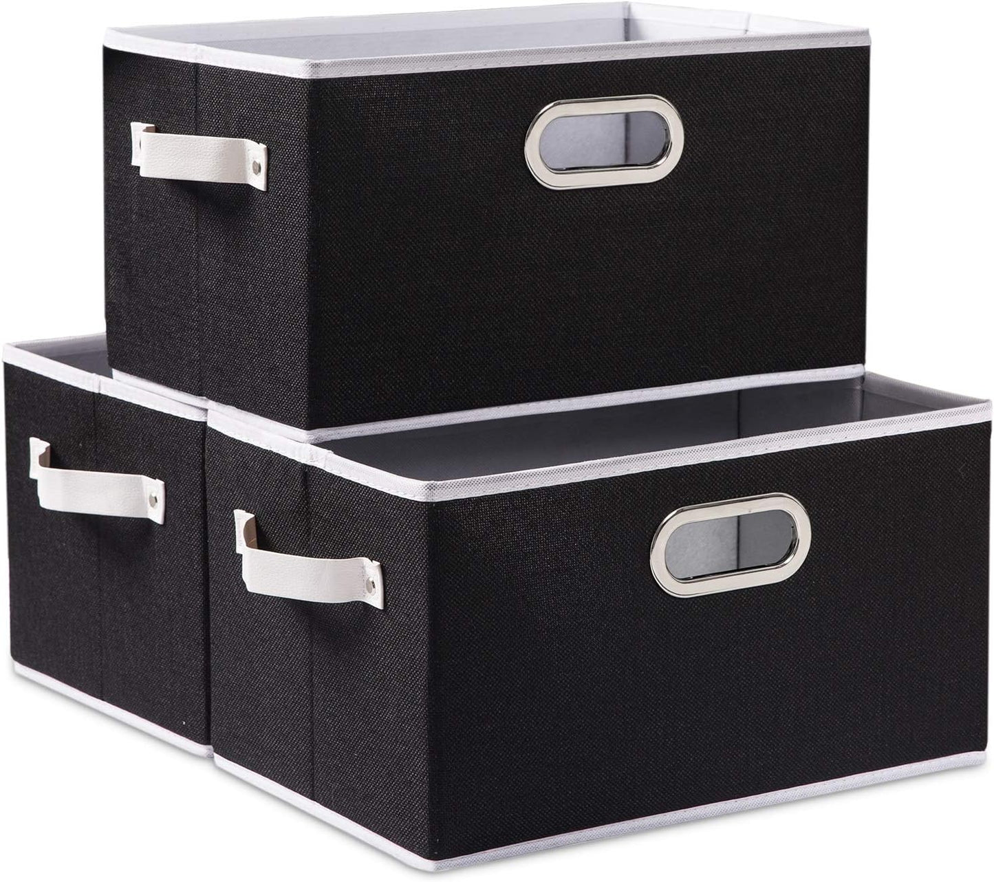 PRANDOM Fodable Storage Bins for Closet [3-Pack] Decorative Fabric Storage Baskets Cubes with Leather/Metal Handles for Shelves Bedroom Living Room Black (11.5x8.5x6.7 Inch)