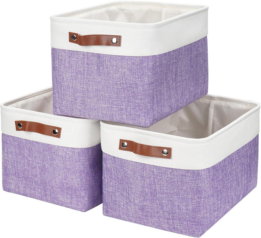 Storage Bins Large Fabric Storage Baskets for Shelves 3 Pack, Decorative Linen Closet Baskets with Handles for Organizing, Shelf, Clothes, Home, Office, 15x11x9.5Inches (Purple&White)