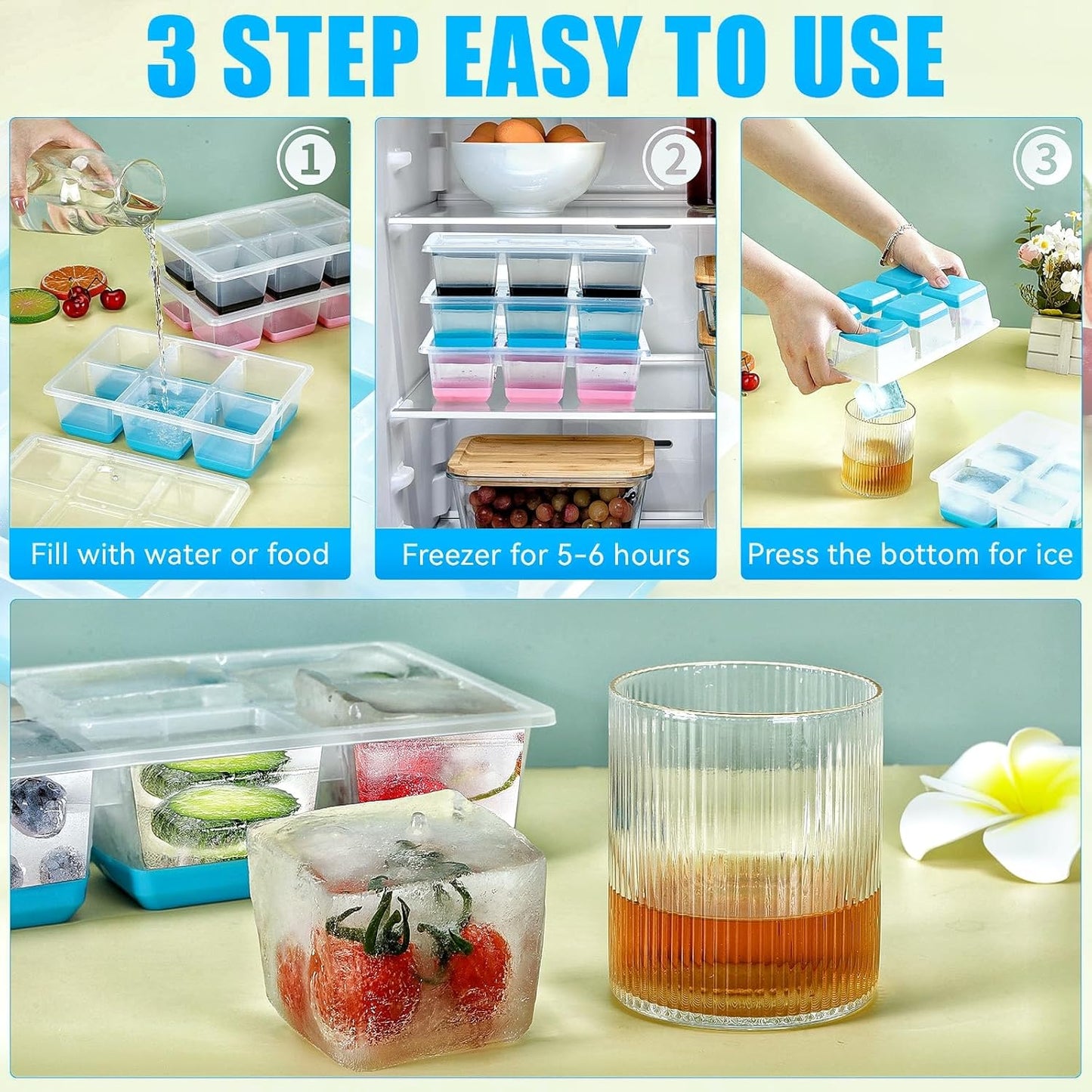 Ice Cube Trays 2 Pack, JRISBO Large Silicone Ice Cube Molds with Leak-Proof Lid, Transparent TPE Frame & Easy Release Bottom, Stackable Freezer Ice Trays for Whiskey, Cocktails, Soup, BPA Free