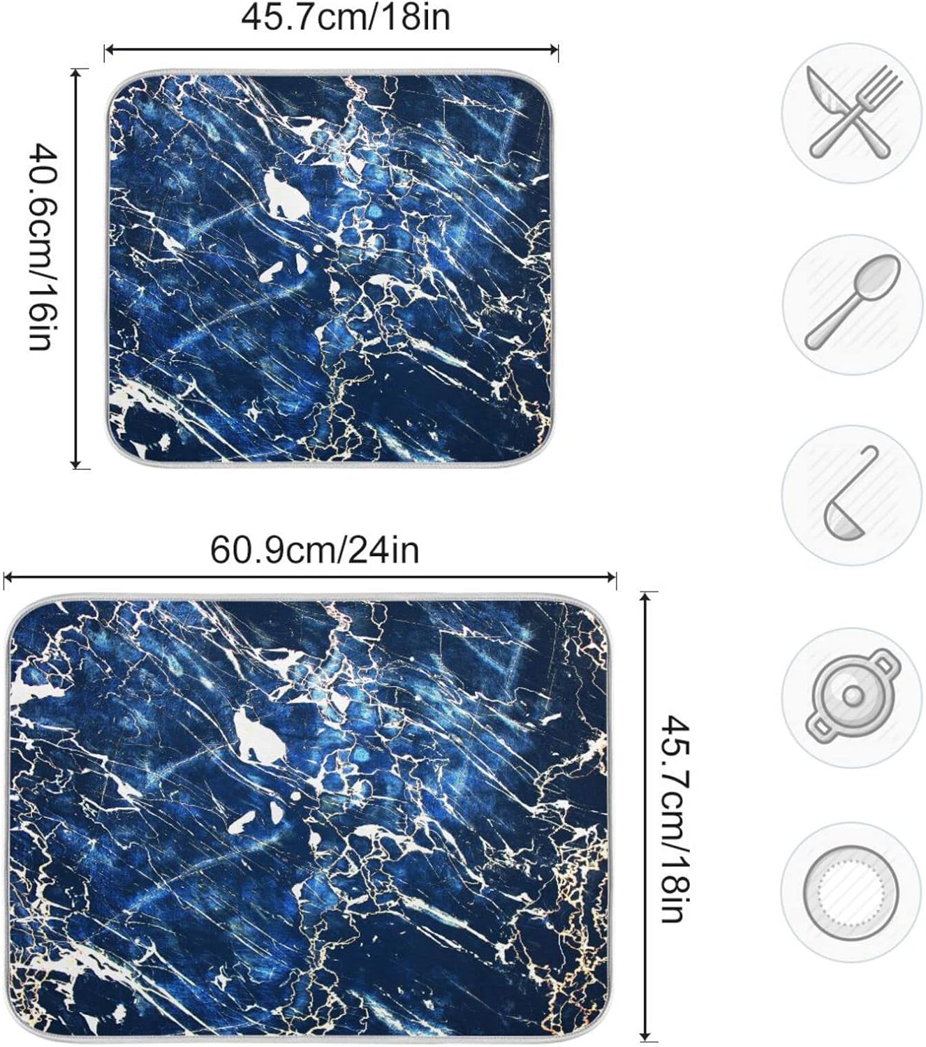 Super Absorbent Dish Drying Mat, Microfiber Fast-Drying Dish Mat, 24" x 18", Kitchen Dish Drying Pad, Marble Black Navy Blue