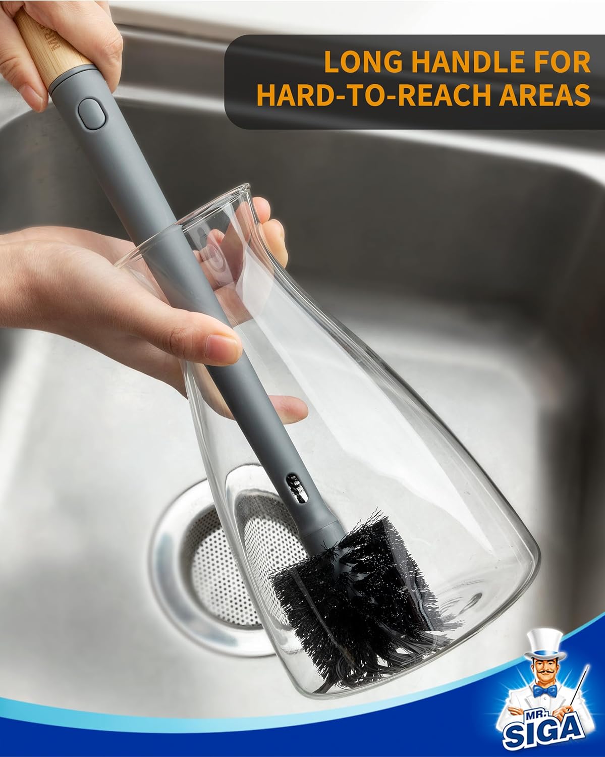 MR.SIGA Water Bottle Brush and Straw Cleaner Brush, Long Handle Bottle Cleaner Brush, 2 in 1 Bottle Cleaning Brush for Sports Bottles, Baby Bottles, Mugs, Straws