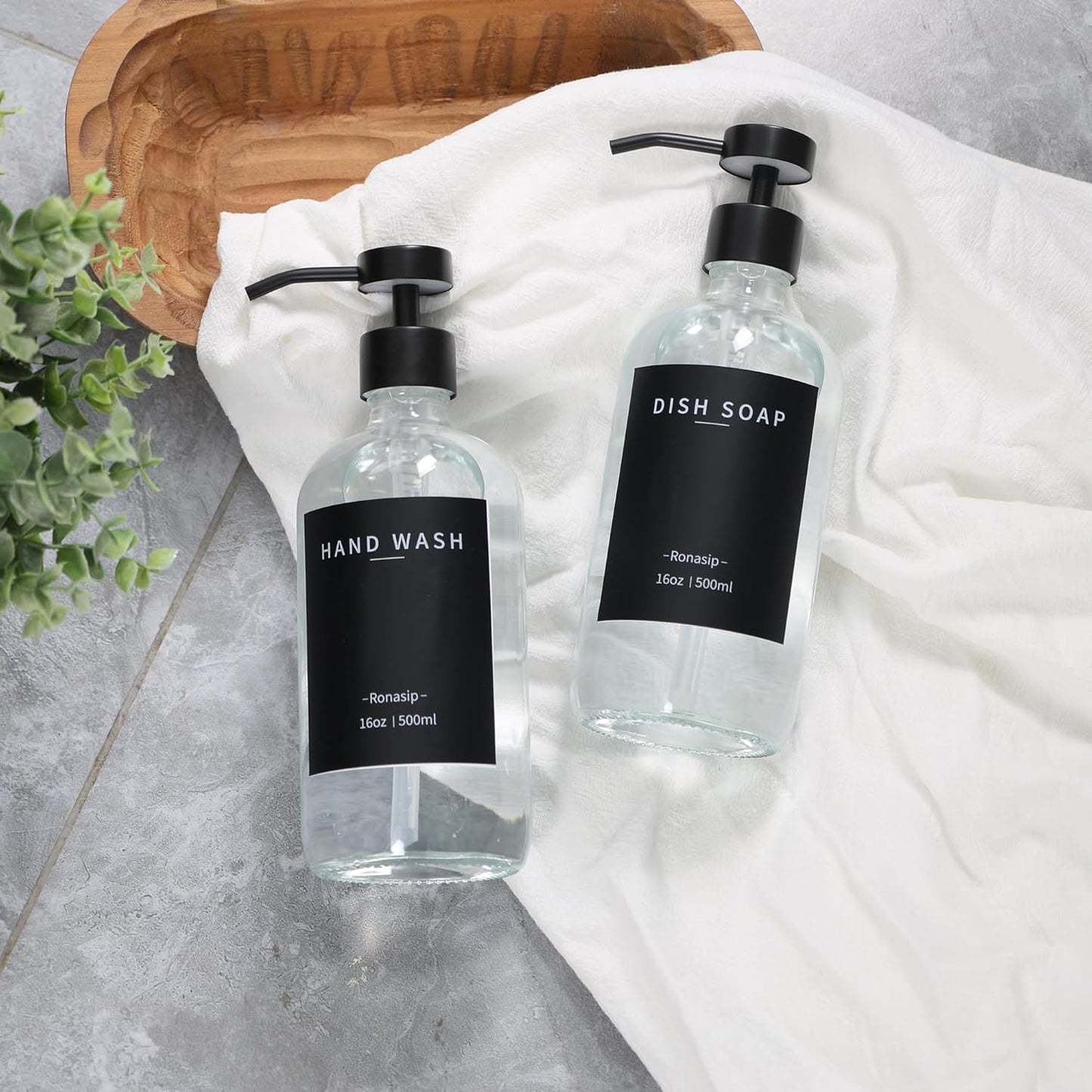 Set of 5 Kitchen Soap Dispenser Set 16 Oz Glass Hand Dish Soap Dispenser with Stainless Steel Pump, Cement Tray, Dish Scrub Brush for Farmhouse Rustic Home Bathroom Decor (Transparency)