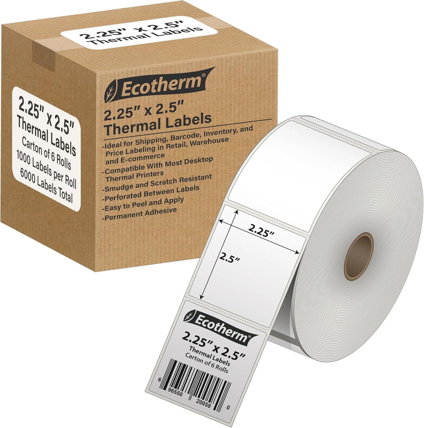 2.25" x 2.5" Thermal Labels | 6 Rolls | 6000 Labels | fits Zebra, Munbyn, Rollo, Godex, Arkscan, iDPRT, Offnova Thermal Label Printers and More | Blank White Adhesive Stickers by Ecotherm
