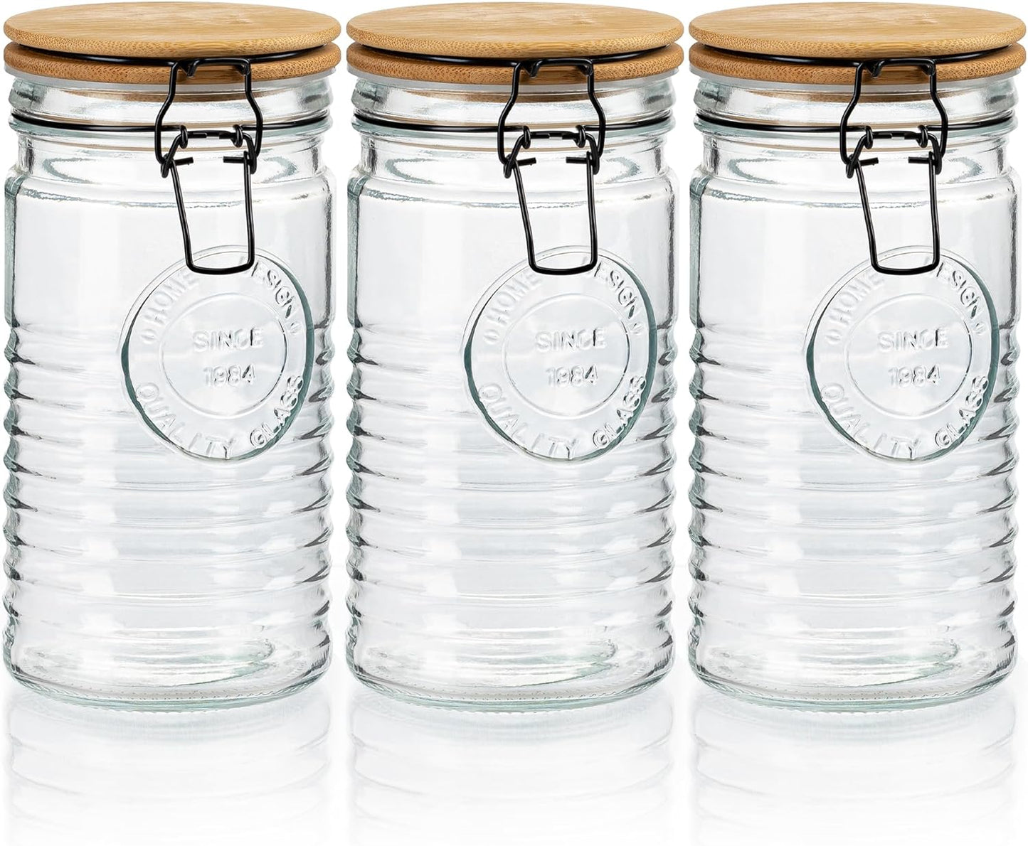 Glass Storage Containers with Airtight Lids - 40 Ounce Mason Jar Storage Containers for Cereal, Coffee & Rice - Pantry Organizing Canister Set of 3 for Kitchen
