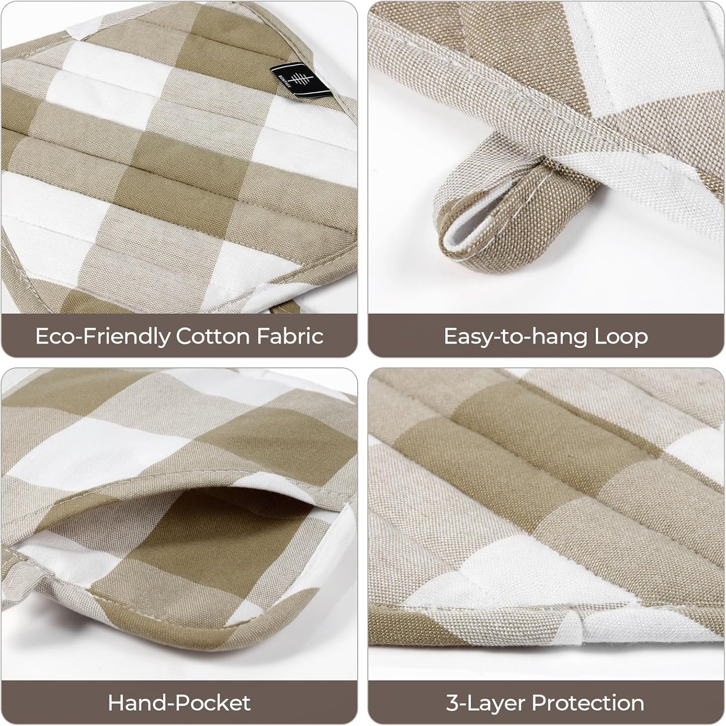 Cotton Pot Holders for Kitchen Heat Resistant Potholder, Hot Pads, Trivet Coaster Non-Slip Potholders Set for Cooking and Baking (2, Light Brown Plaid, Square，8.27 in²)