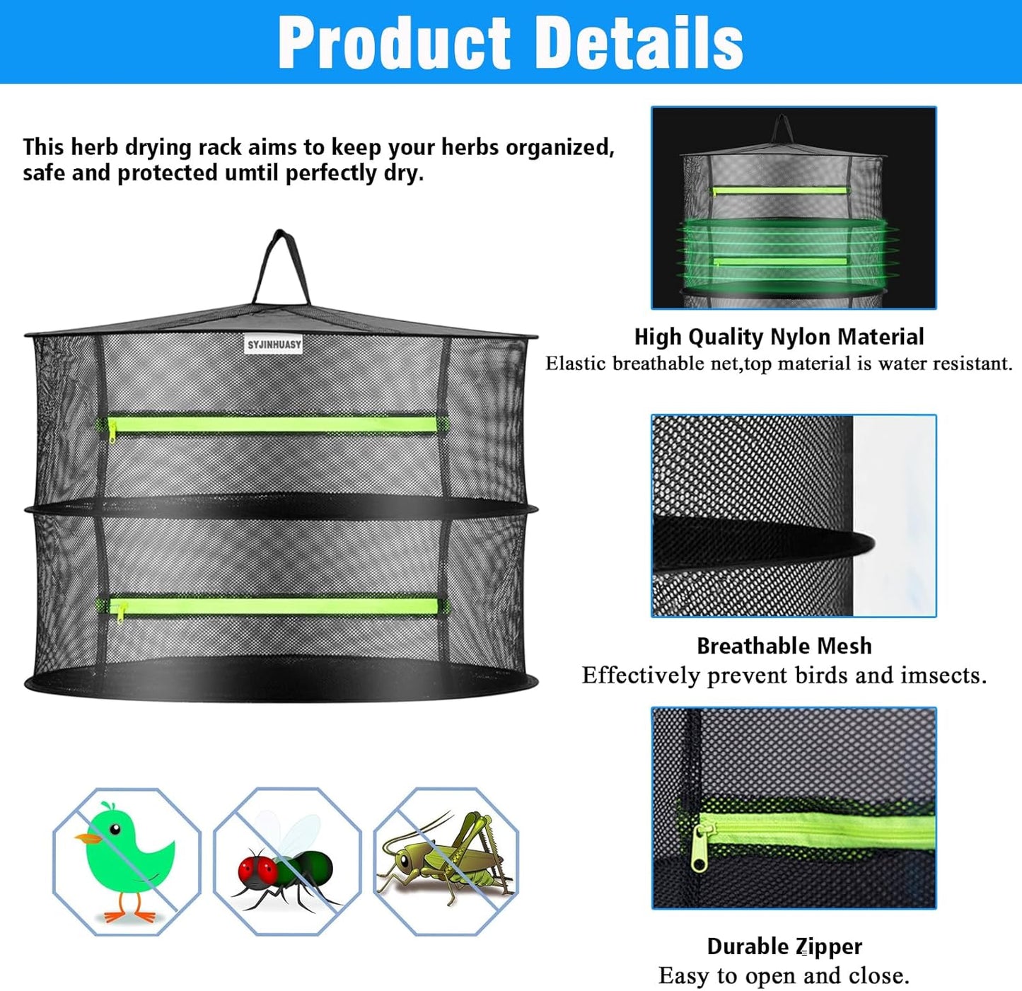 Herb Drying Rack, Breathable Mesh, 2-Layer, Black, Nylon & Polyester, 8x24x24 Inches, 2.2 lbs Capacity, Foldable, Ceiling Mount, Ideal for Herbs, Jerky, Meat, Plants, Fish, Clothes, Nuts