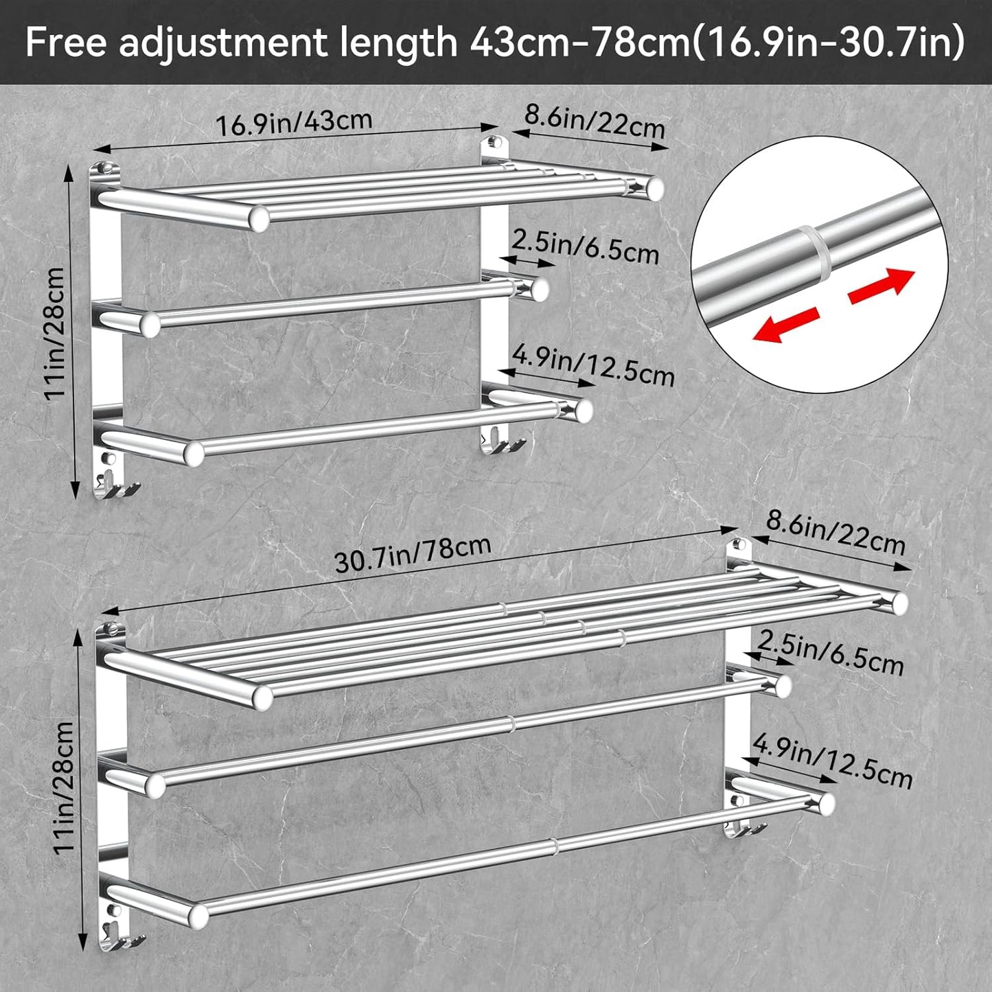 Adjustable Towel Bar for Bathroom Wall Mount17-30.7inch Adhesive Shower Towel Rack Stainless Steel Bath Towel Holders for Toilet Kitchen Double Towel Hanger (3-Layer Towel Rack)