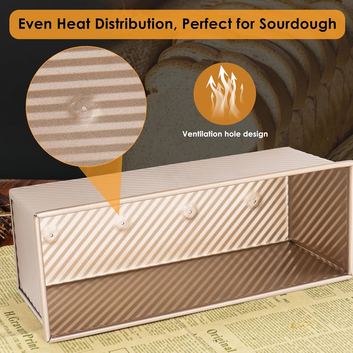 2-pack 2.2lb Gold Pullman Loaf Pan with Lid, Premium Non-Stick Coating Bread Pan, PFTE and PFOA-Free, Safe and Healthy Baking for Homemade Bread with Family-sized Recipes