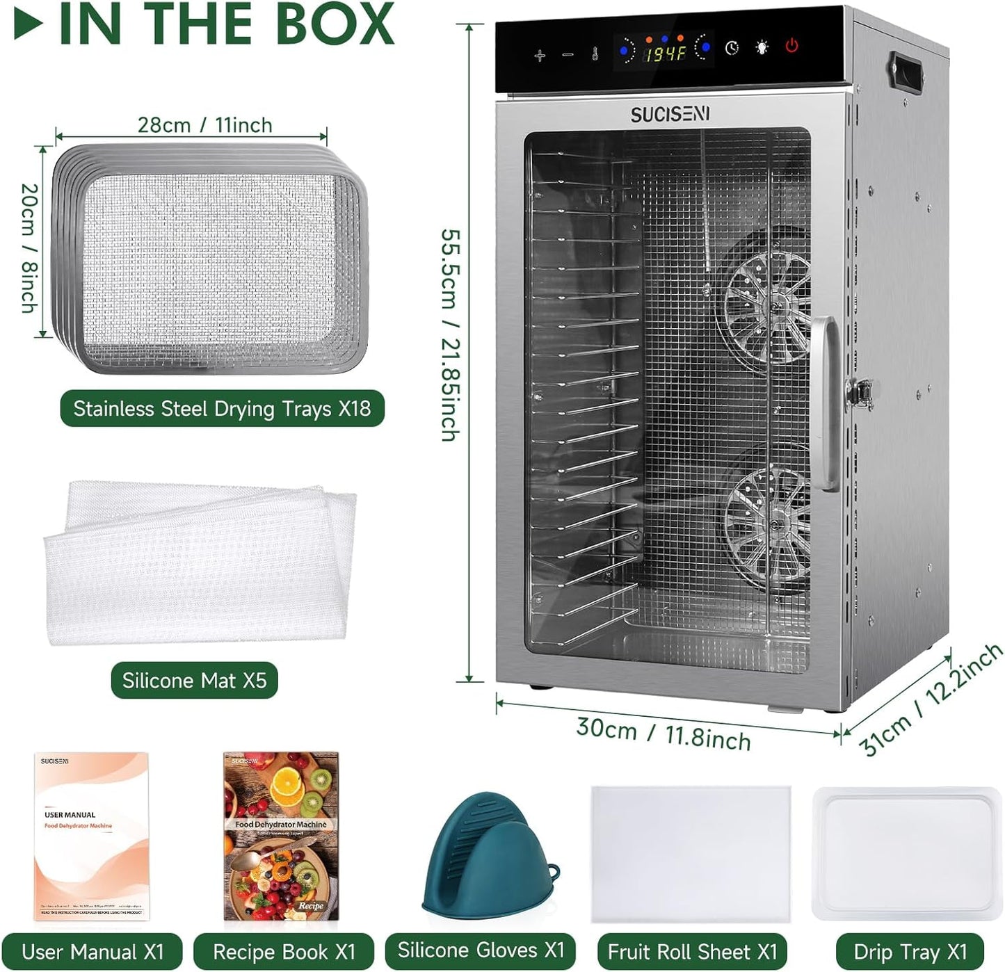 SUCISENI Food Dehydrator Machine 1000W 18 Trays Stainless Steel Commercial Food Dehydrated Dryer with 24H Timer Touch-Control LED Display, Compact Size for Home Jerky Herbs Meat Beef Fruit Vegetables