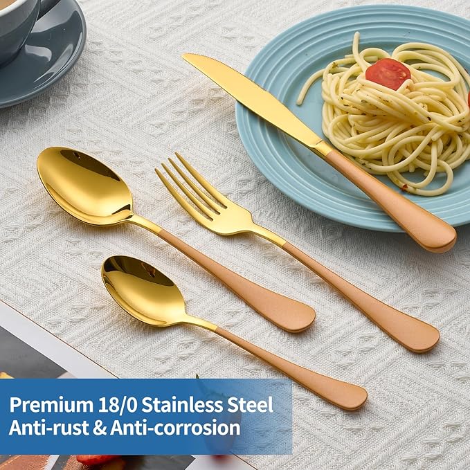 20-Piece Orange & Gold Silverware Set, 18/0 Stainless Steel Colorful Handle Flatware Set,Service for 4,Modern Cutlery Set Includes Dinner Knives Forks Spoons,Mirror Polished,Dishwasher Safe