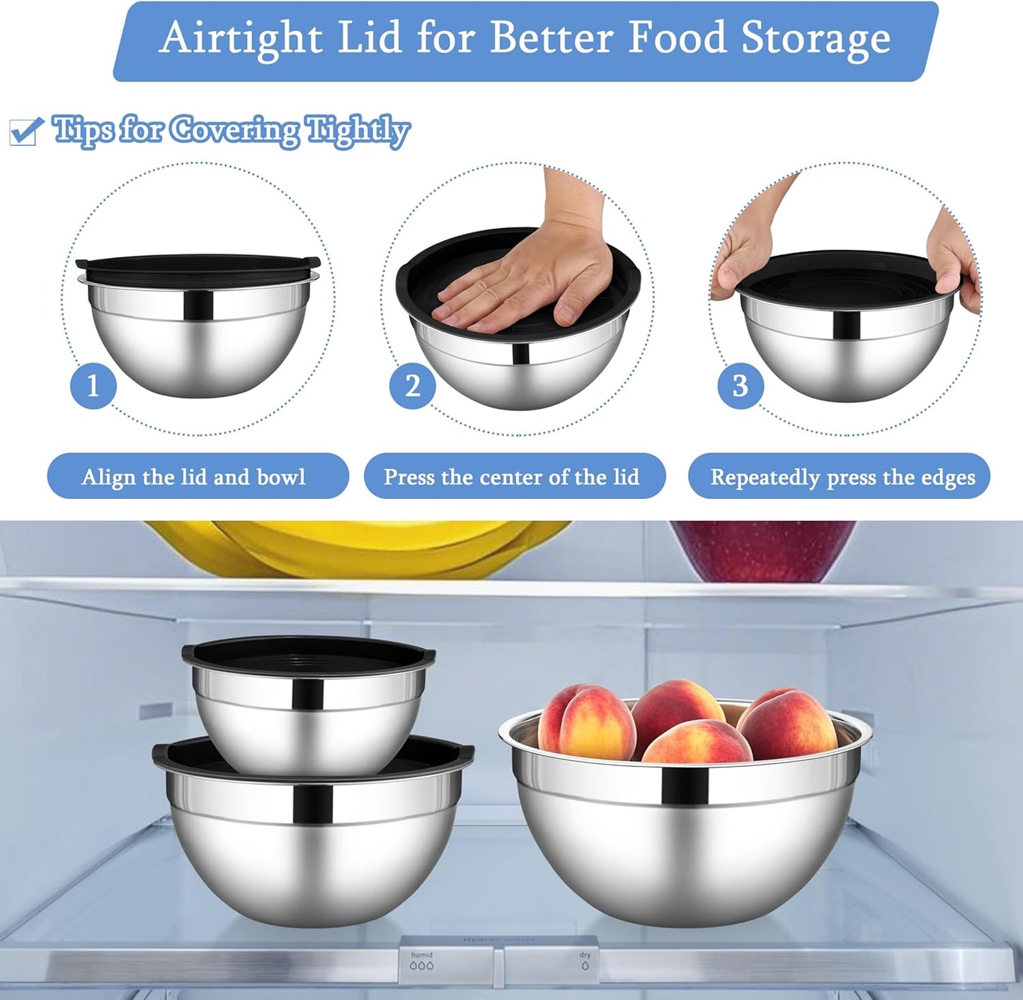 LIANYU Mixing Bowls with Lids Set of 3, Large & Small Stainless Steel Nesting Metal Bowls for Kitchen Storage, Dishwasher Safe, Size 1.5QT & 3QT & 4.6QT, Black