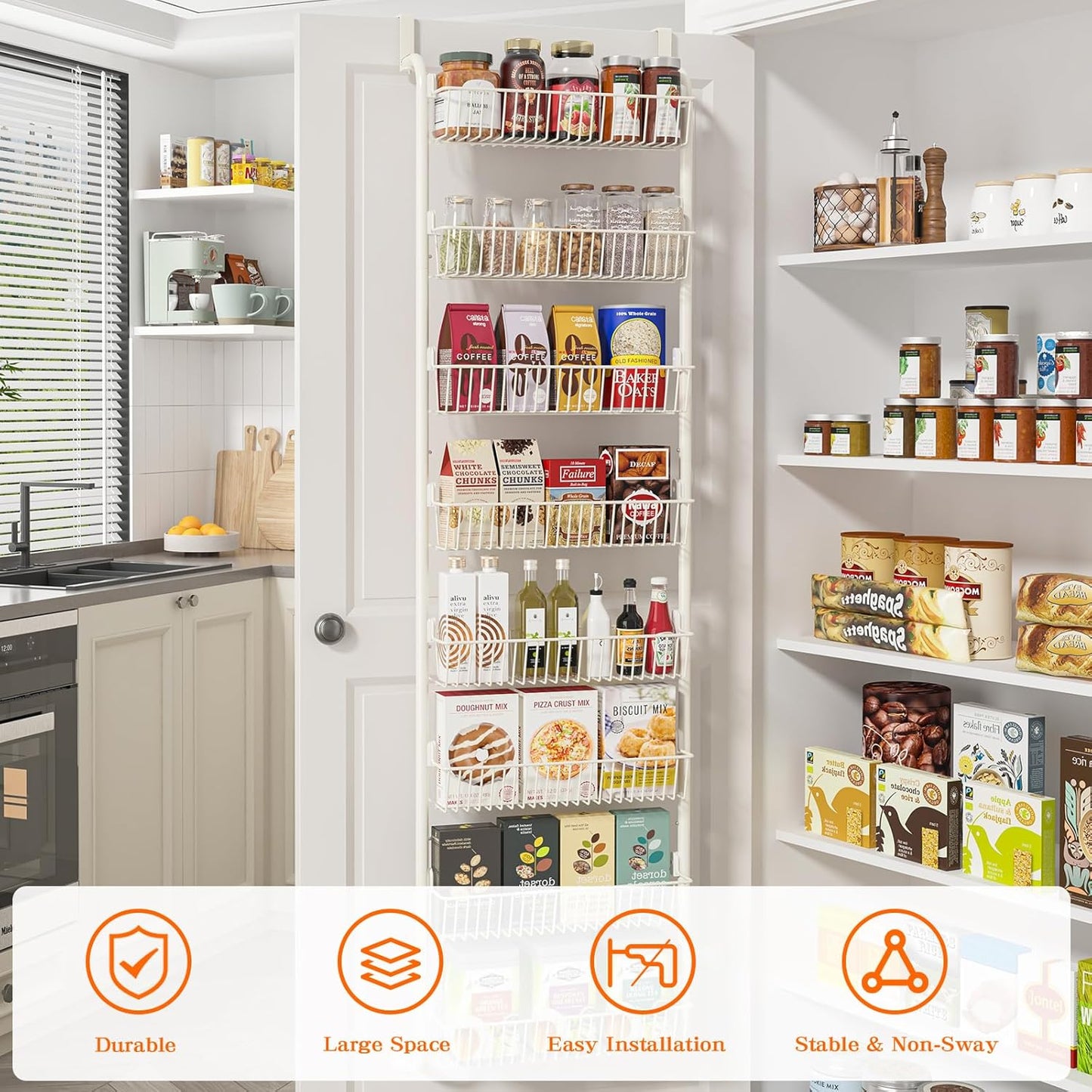 MIAOLI Over the Door Pantry Organizers and Storage, 8-Tier Spice Rack, Home & Kitchen Storage Shelves for Cabinet, Large Capacity Hanging Seasoning Organizer, Laundry Room Organization, White