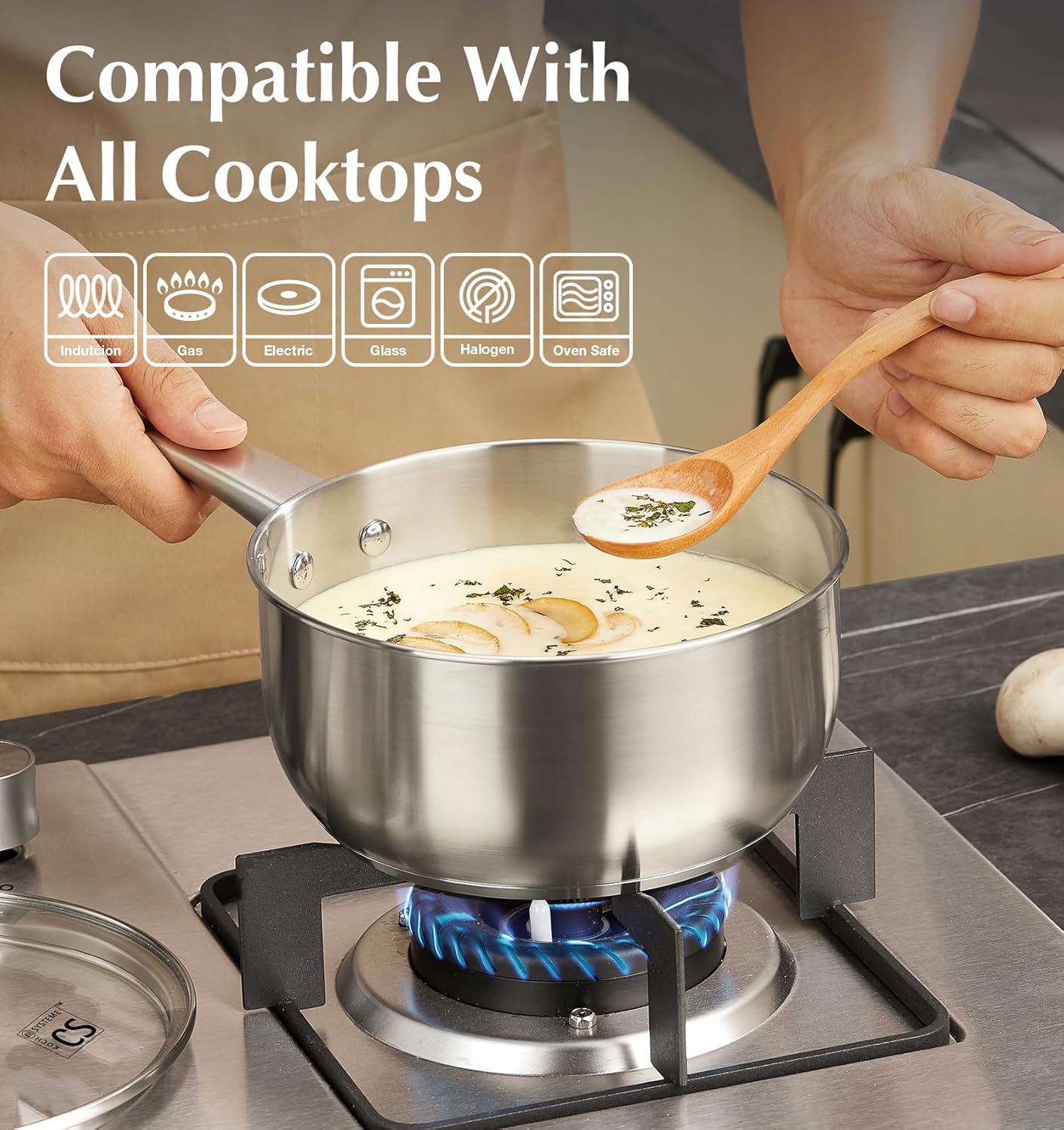 KOCH SYSTEME CS 1 Quart Stainless Steel Saucepan, 1 Quart Saucepan with Lid, Premium Steel Sauce Pan, Indutcion Sauce Pan with Lid, Small Sauce Pot, Stainless Steel Pot 1 QT, Oven Safe