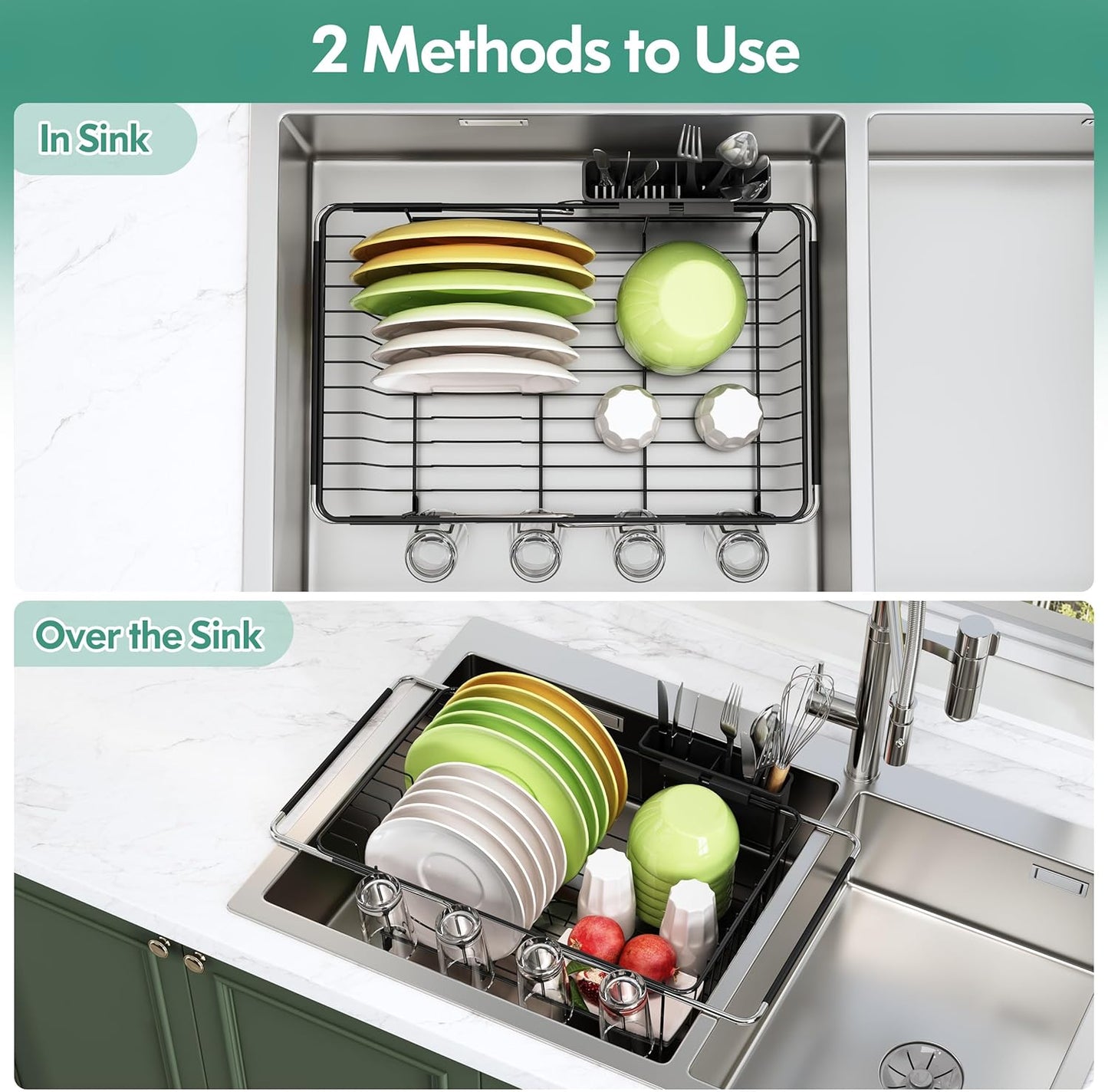 Over the Sink Expandable Dish Drainer Drying Rack In Stainless Steel for Small Kitchen, Counter Space Saving Modern Compact Metal Above Plate Dryer Strainer, Adjustable Hanging Inside Drain Holder