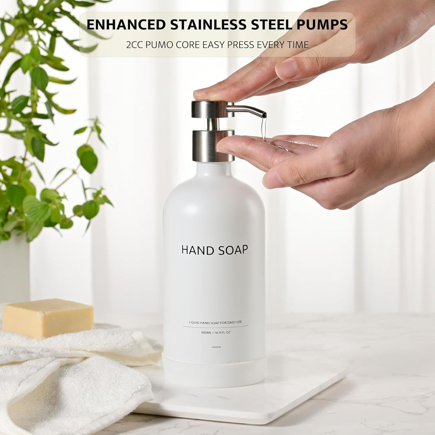 Glass Kitchen Soap Dispenser Set with Ceramic Tray,16.9 floz Hand and Dish Soap Dispenser for Kitchen and Bathroom Decor,White and Silver Kitchen Accessories(White Bottles + Silver Pumps)